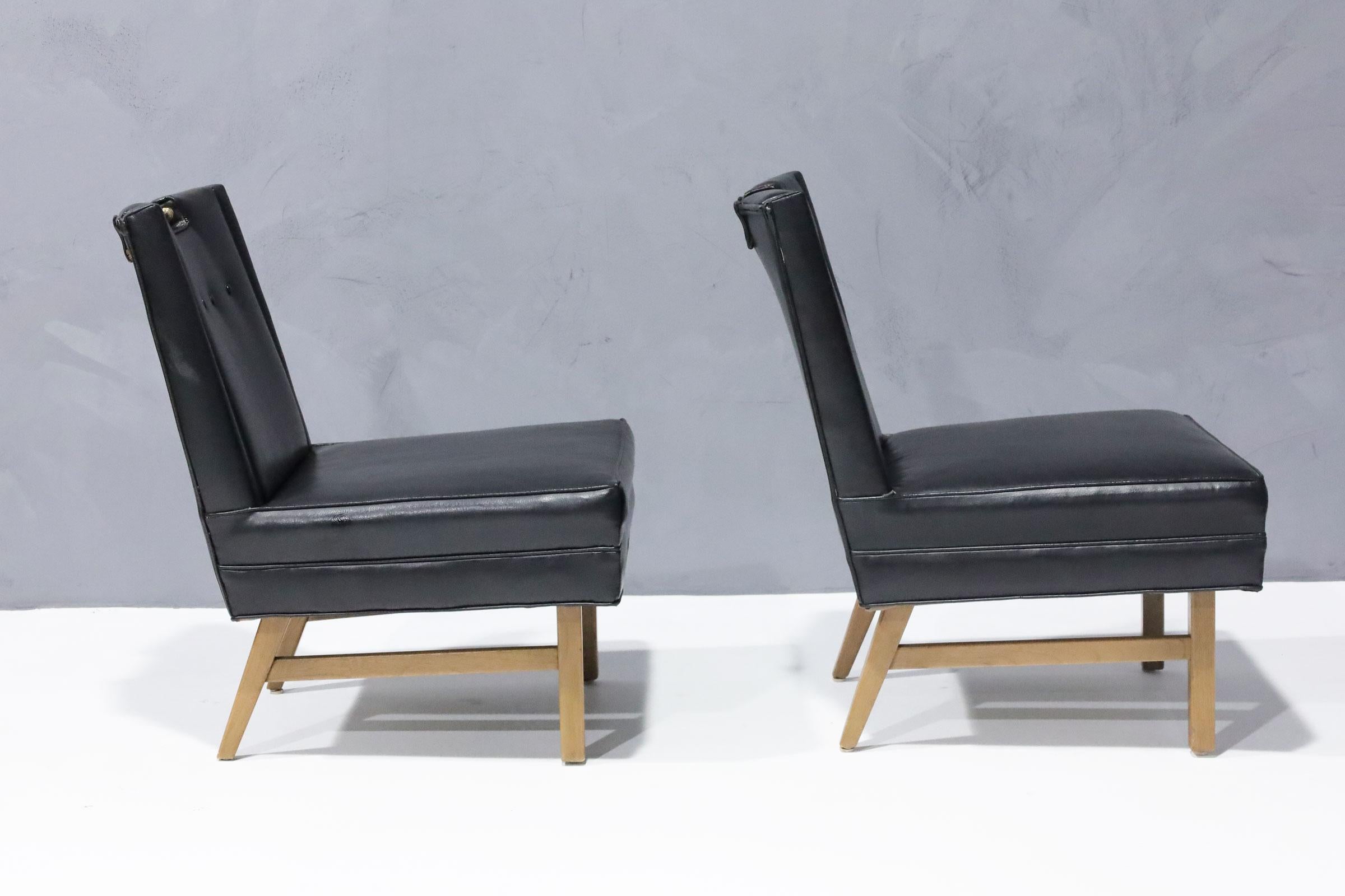 Mid-Century Modern Merton Gershun Slipper Chairs in Faux Black Leather with Brass Pulls