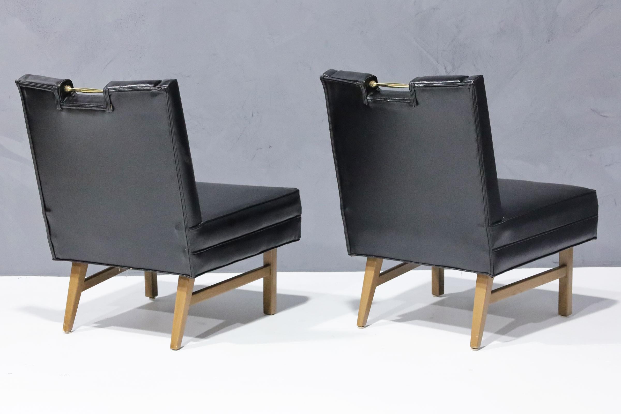 American Merton Gershun Slipper Chairs in Faux Black Leather with Brass Pulls