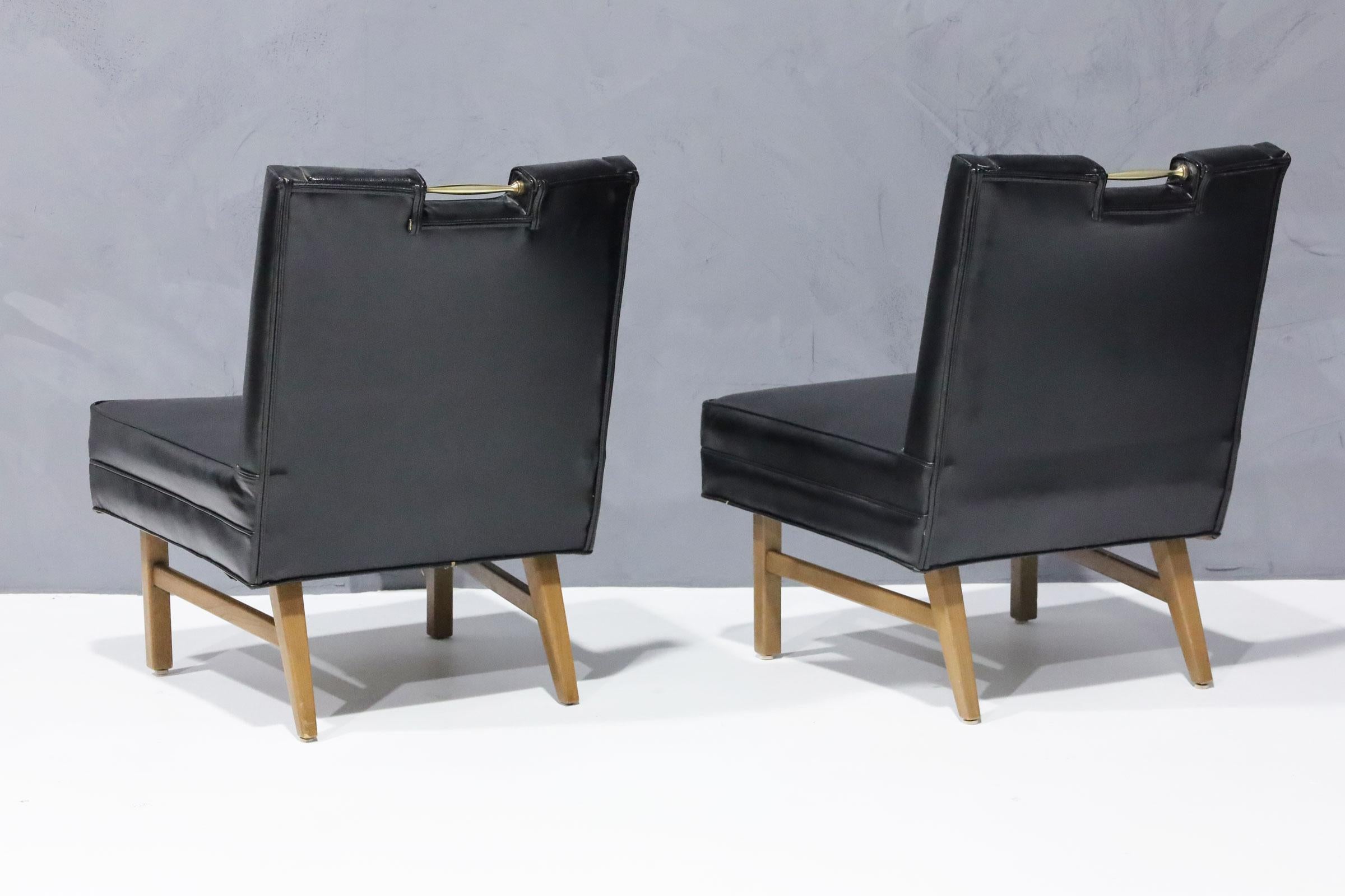 20th Century Merton Gershun Slipper Chairs in Faux Black Leather with Brass Pulls