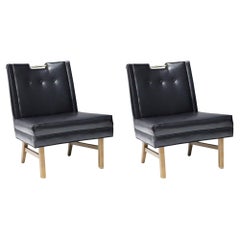 Merton Gershun Slipper Chairs in Faux Black Leather with Brass Pulls