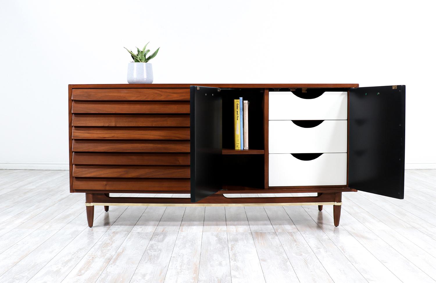 Mid-Century Modern Merton Gershun Walnut Dresser with Lacquered Doors & Brass Accents
