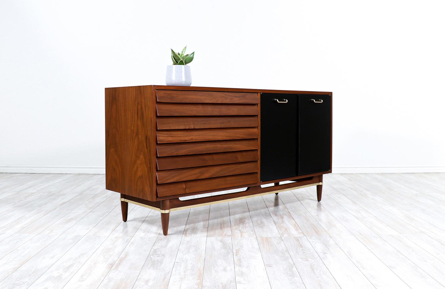 American Merton Gershun Walnut Dresser with Lacquered Doors & Brass Accents