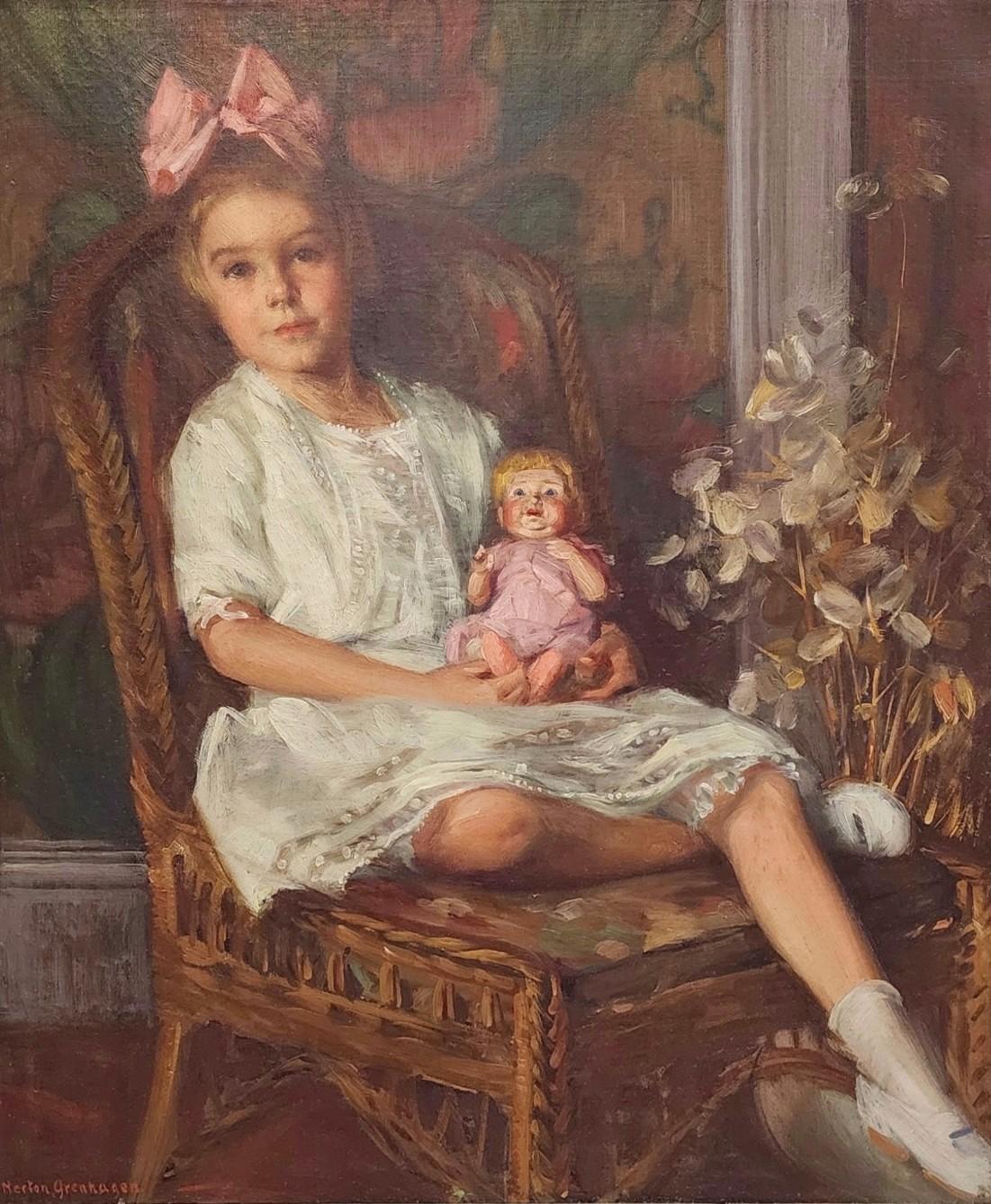 Ritratto di Bethy a 4 anni, Elizabeth Wallen, Ritratto di una bambina con una bambola - Painting di Merton Grenhagen