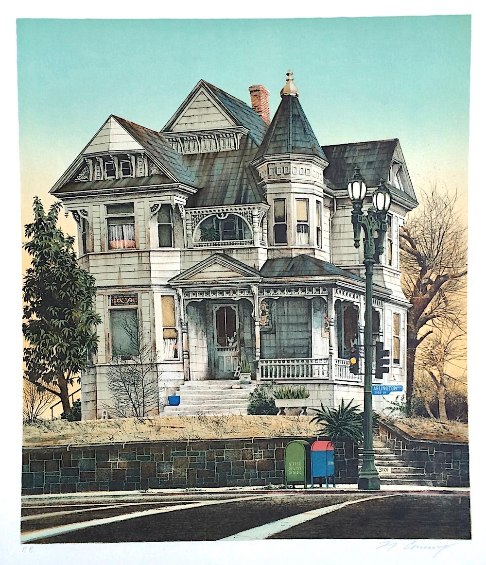CASA ARLINGTON Litografía firmada y dibujada a mano, Retrato de casa victoriana, Realismo - Print de Mervin Allen Corning