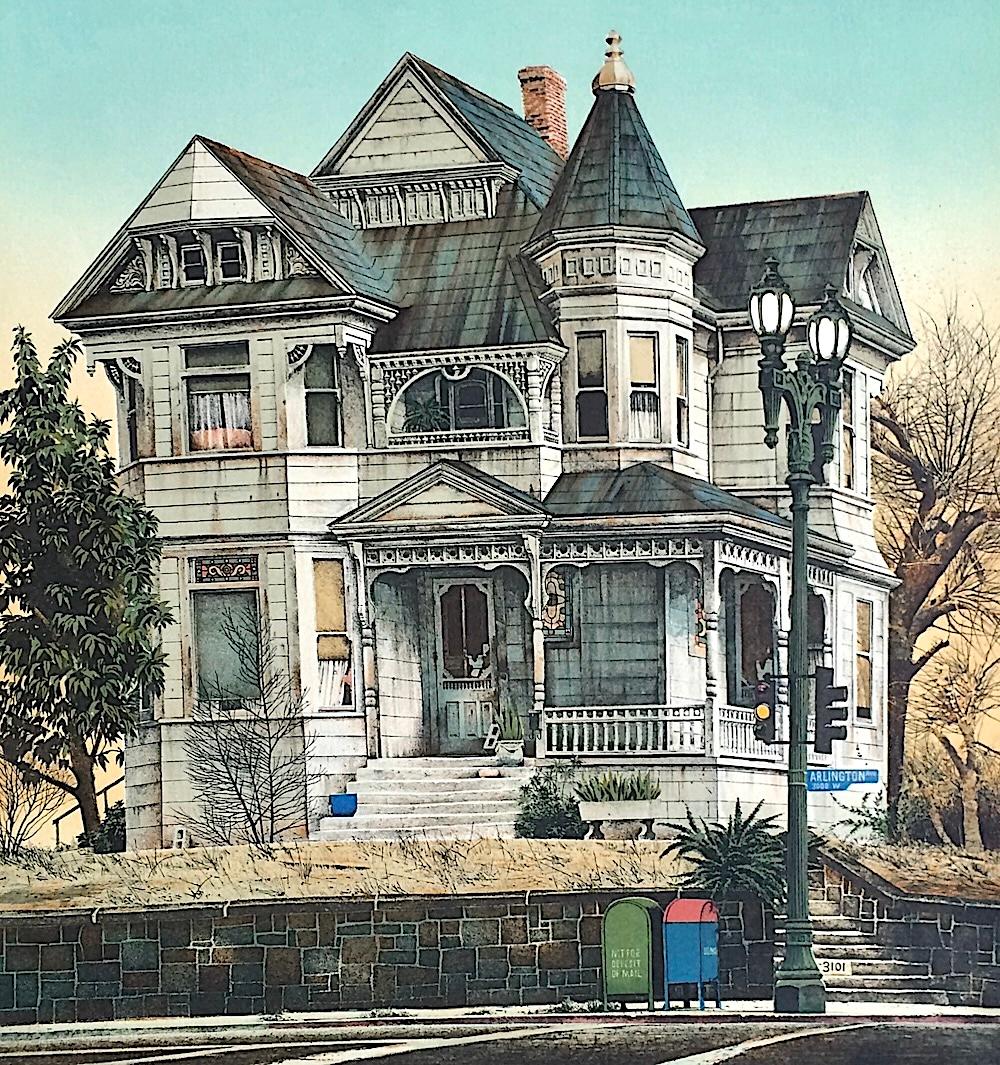 CASA ARLINGTON Litografía firmada y dibujada a mano, Retrato de casa victoriana, Realismo - Portrait Print Gris de Mervin Allen Corning