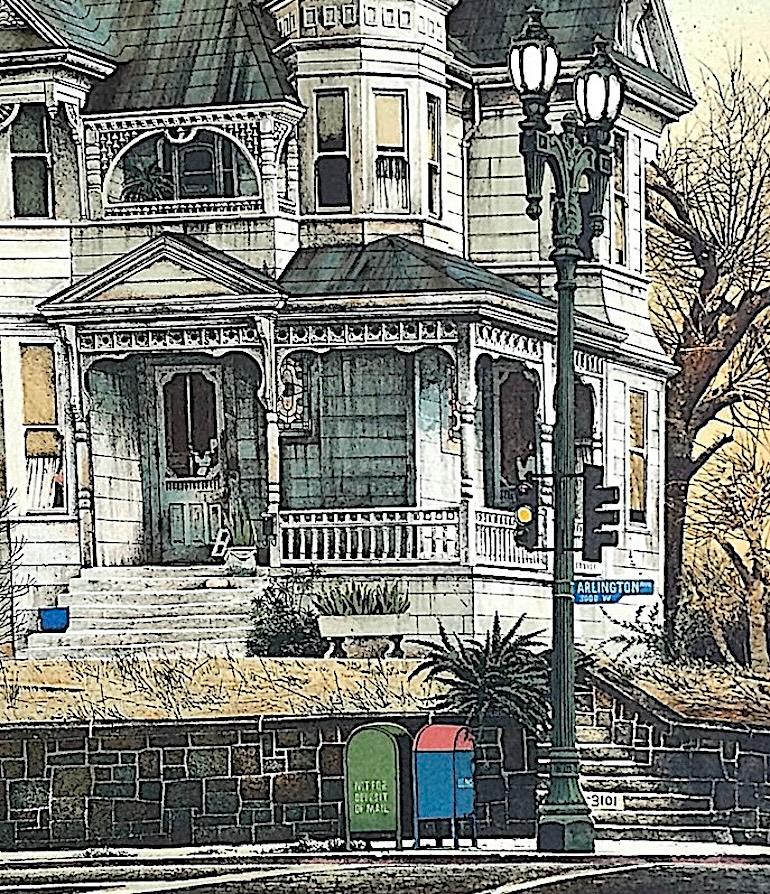 CASA ARLINGTON Litografía firmada y dibujada a mano, Retrato de casa victoriana, Realismo - Print Realista de Mervin Allen Corning