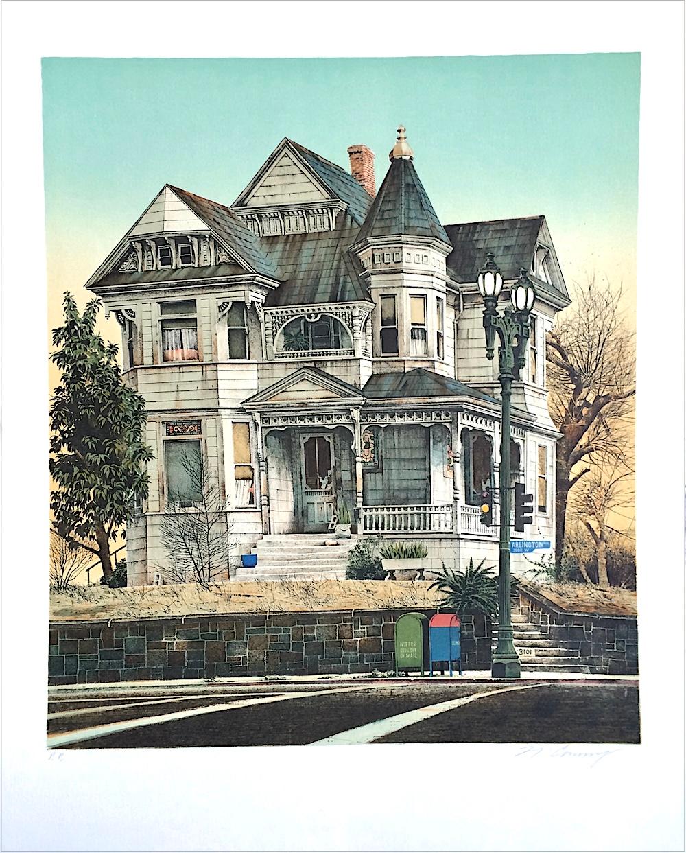 Portrait Print de Mervin Allen Corning - CASA ARLINGTON Litografía firmada y dibujada a mano, Retrato de casa victoriana, Realismo