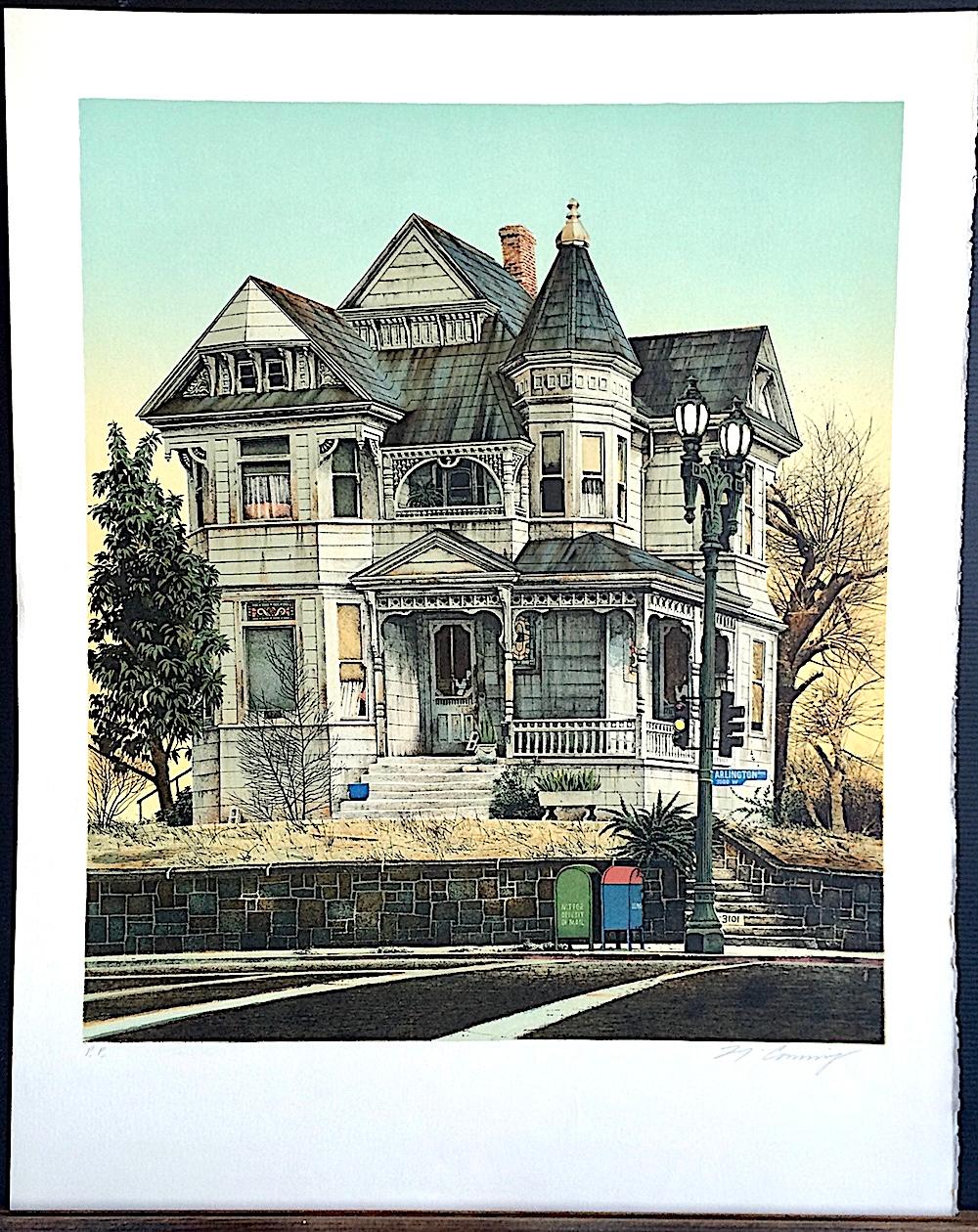 CASA ARLINGTON Litografía firmada y dibujada a mano, Retrato de casa victoriana, Realismo en venta 3