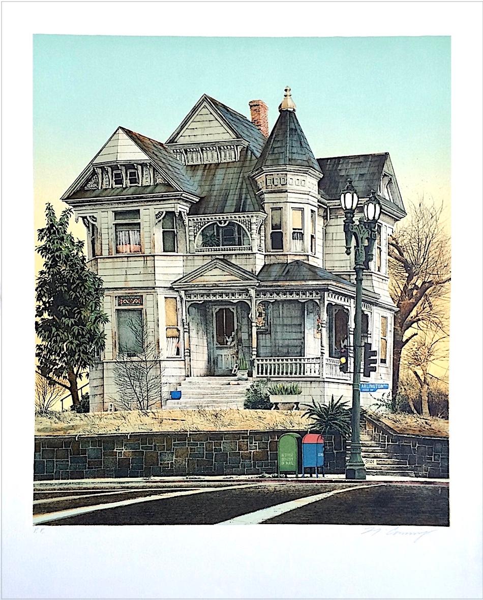 CASA ARLINGTON Litografía firmada y dibujada a mano, Retrato de casa victoriana, Realismo en venta 2
