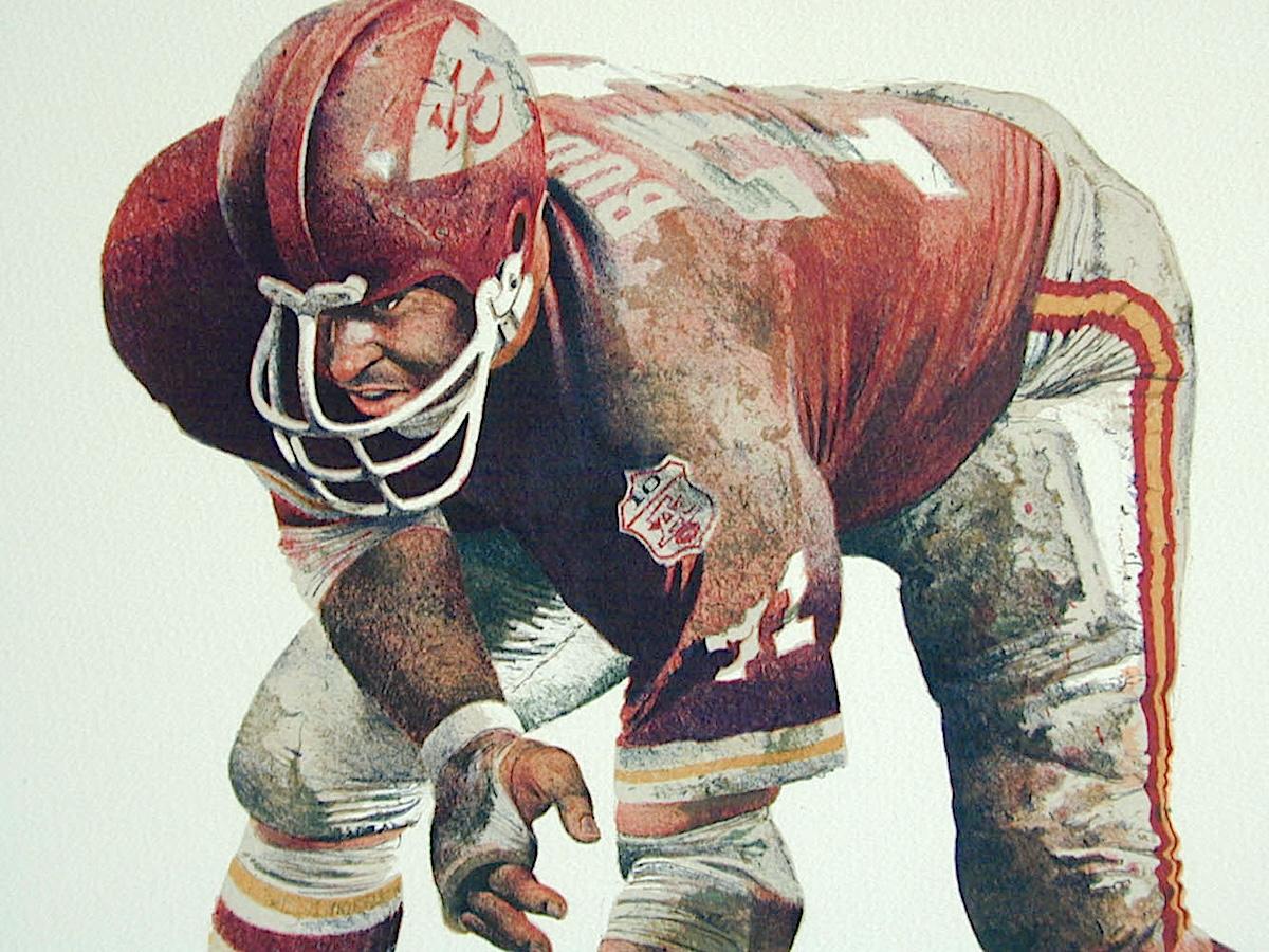 HOLD THE LINE Kansas City Chiefs, Litografía firmada en piedra, Historia del fútbol americano de la NFL - Portrait Print Beige de Mervin Allen Corning