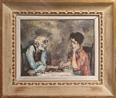 "Schachspieler" Mervin Jules, Amerikanischer Modernist, Innenszene, starkes Impasto