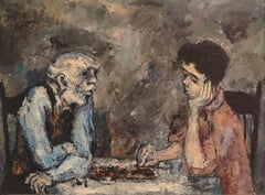 "Schachspieler" Mervin Jules, Amerikanischer Modernist, Innenszene, starkes Impasto