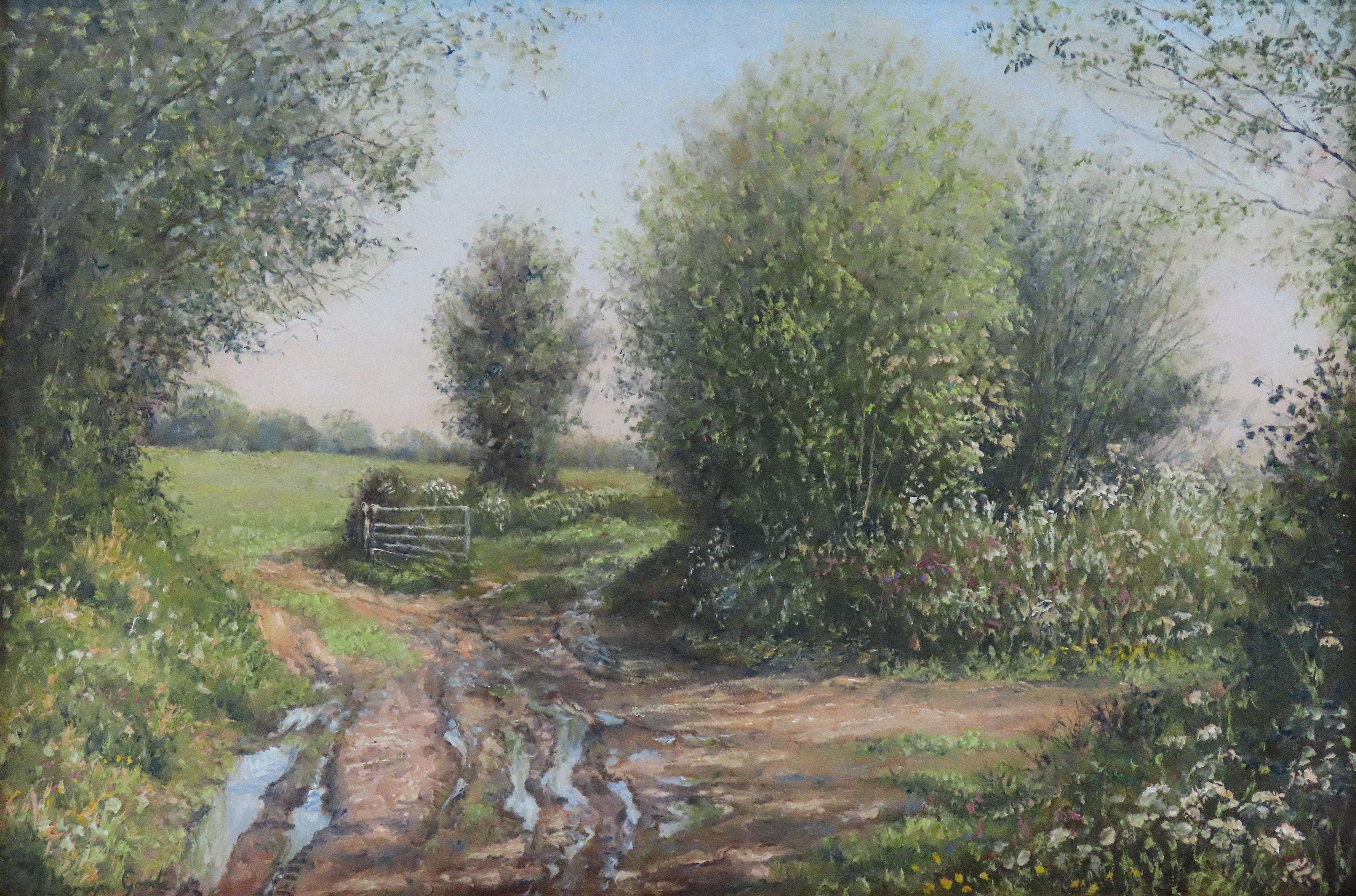 Original Ölgemälde auf Leinwand, Mervyn Goode. „Cross Tracks, Schnecken-Lane, bei Liss“ (Grau), Landscape Painting, von Mervyn Goode 