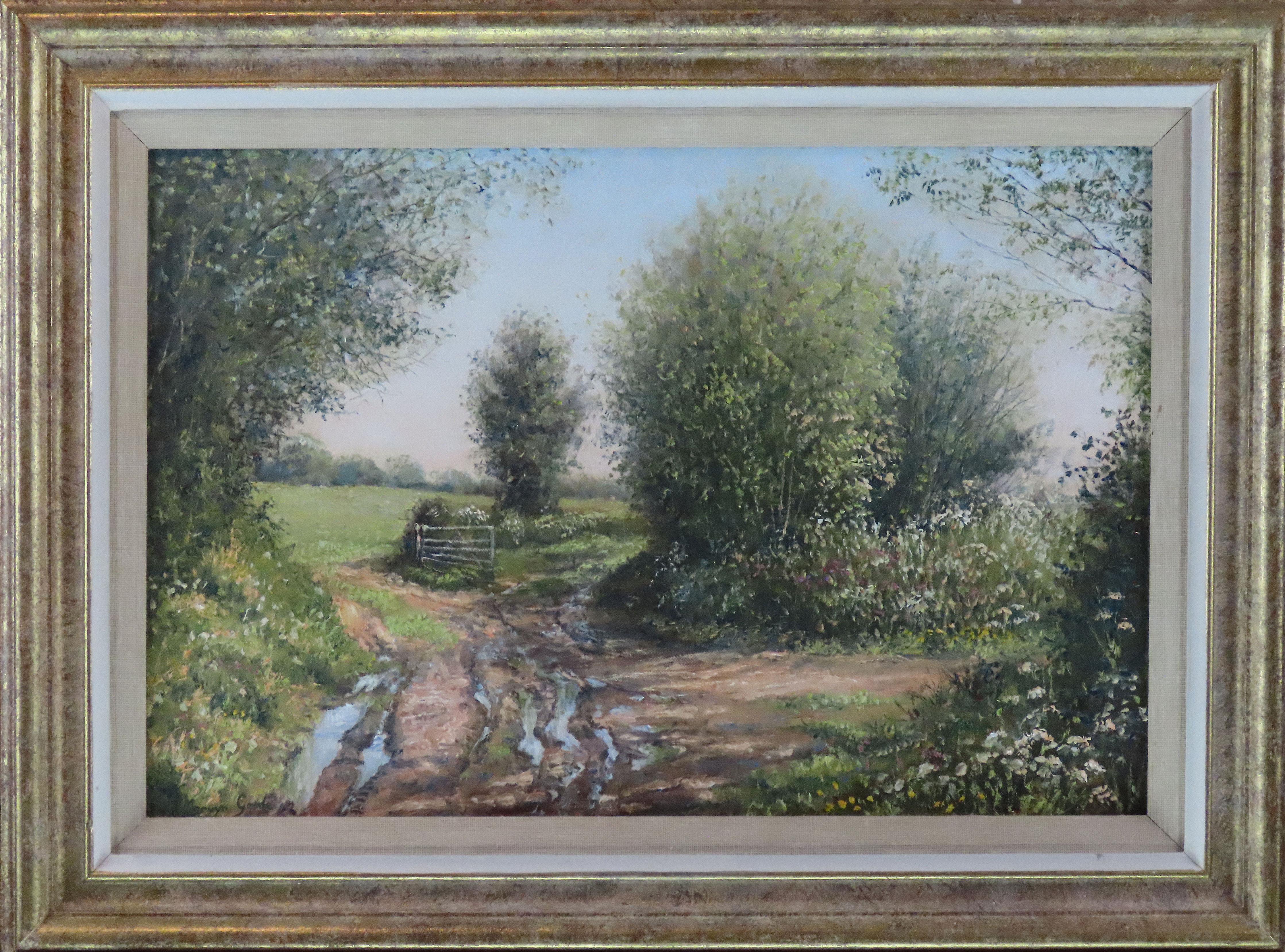 Original Ölgemälde auf Leinwand, Mervyn Goode. „Cross Tracks, Schnecken-Lane, bei Liss“