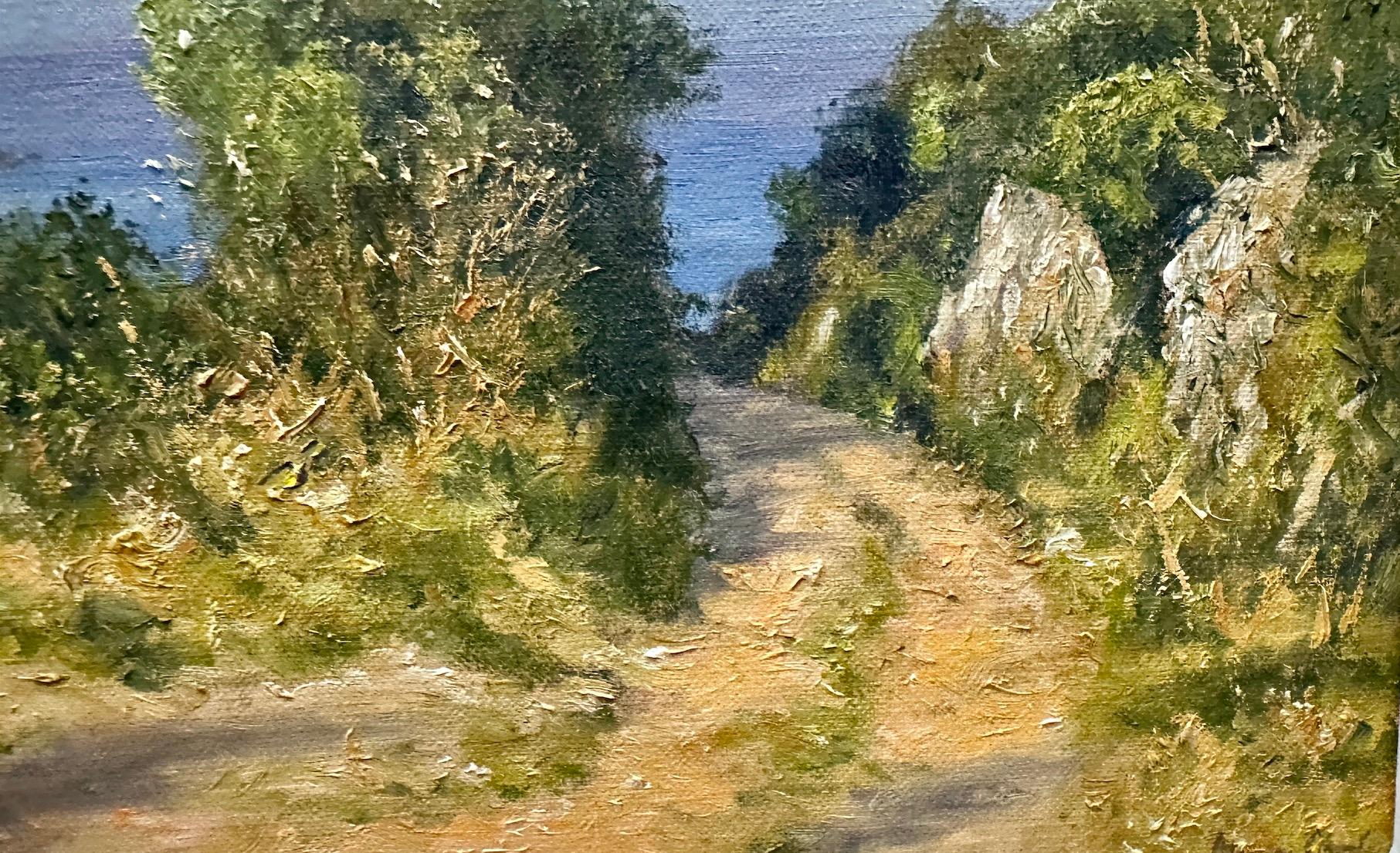 Paisaje impresionista inglés con vistas al océano durante un verano inglés - Landscape Painting Negro de Mervyn Goode