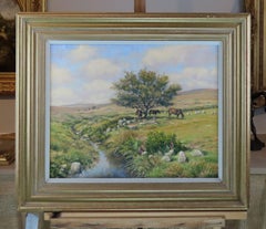 Óleo original sobre lienzo. Mervyn Goode, "Ponis de Dartmoor junto al arroyo rocoso"