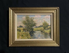 Nube de verano Reflejos en el río Pintura al óleo original británica del siglo XX