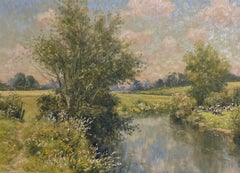 Nuvola estiva Riflessi sul fiume Pittura ad olio originale britannica del XX secolo