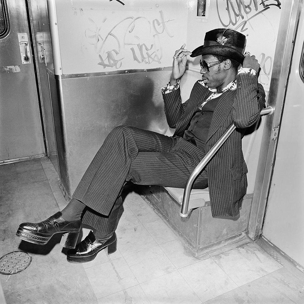 Meryl Meisler Black and White Photograph - Jive Guy on Williamsburg Subway