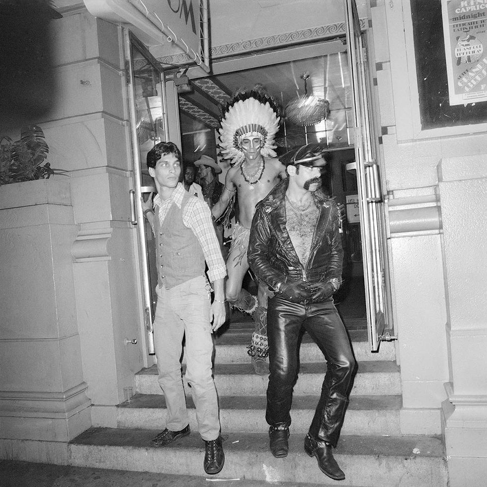 Meryl Meisler Black and White Photograph - The Village People Stepping Out of the Grand Ballroom
