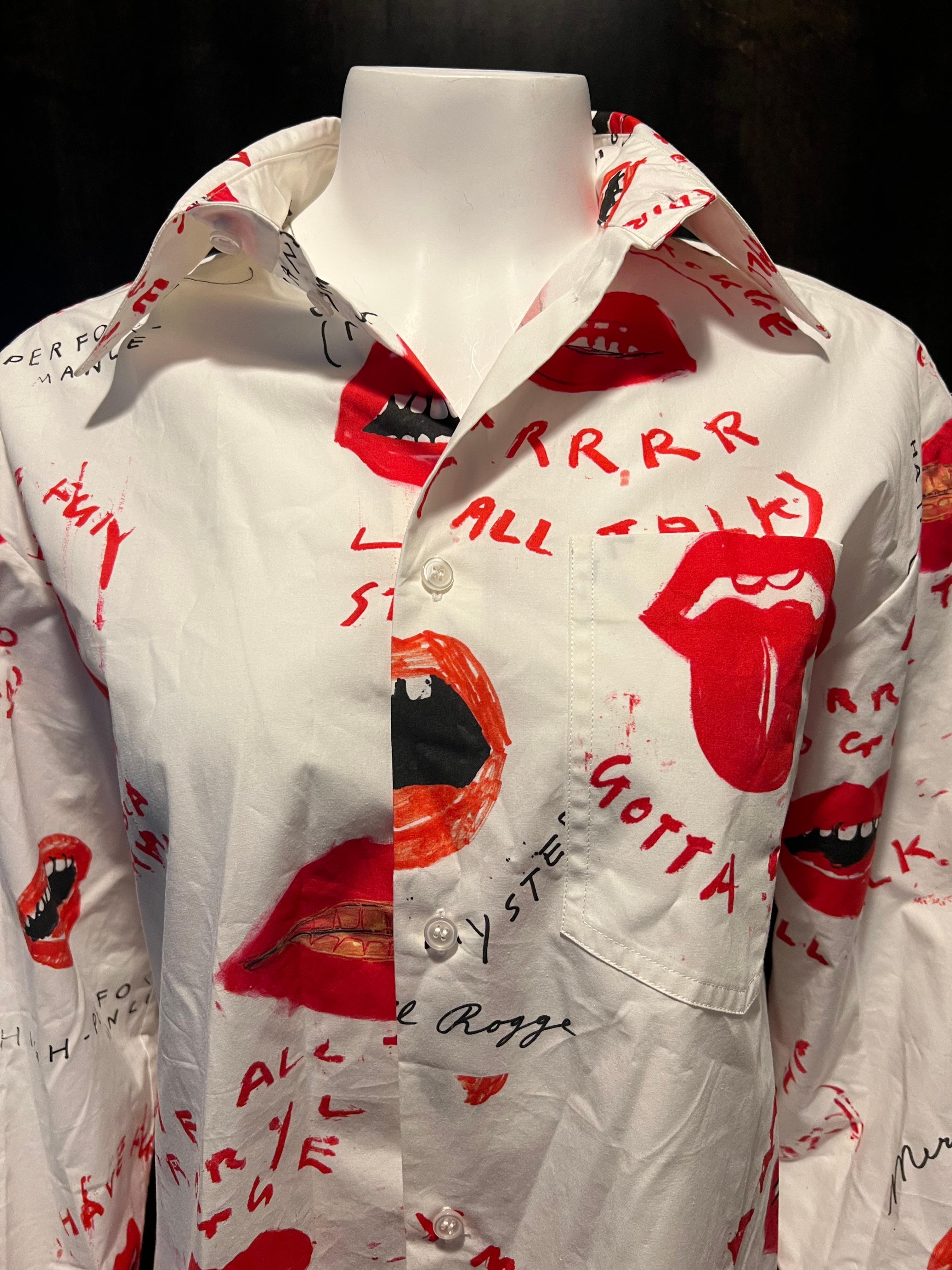 Women's Meryll Rogge White and Red Button Down Shirt, Size 38 For Sale