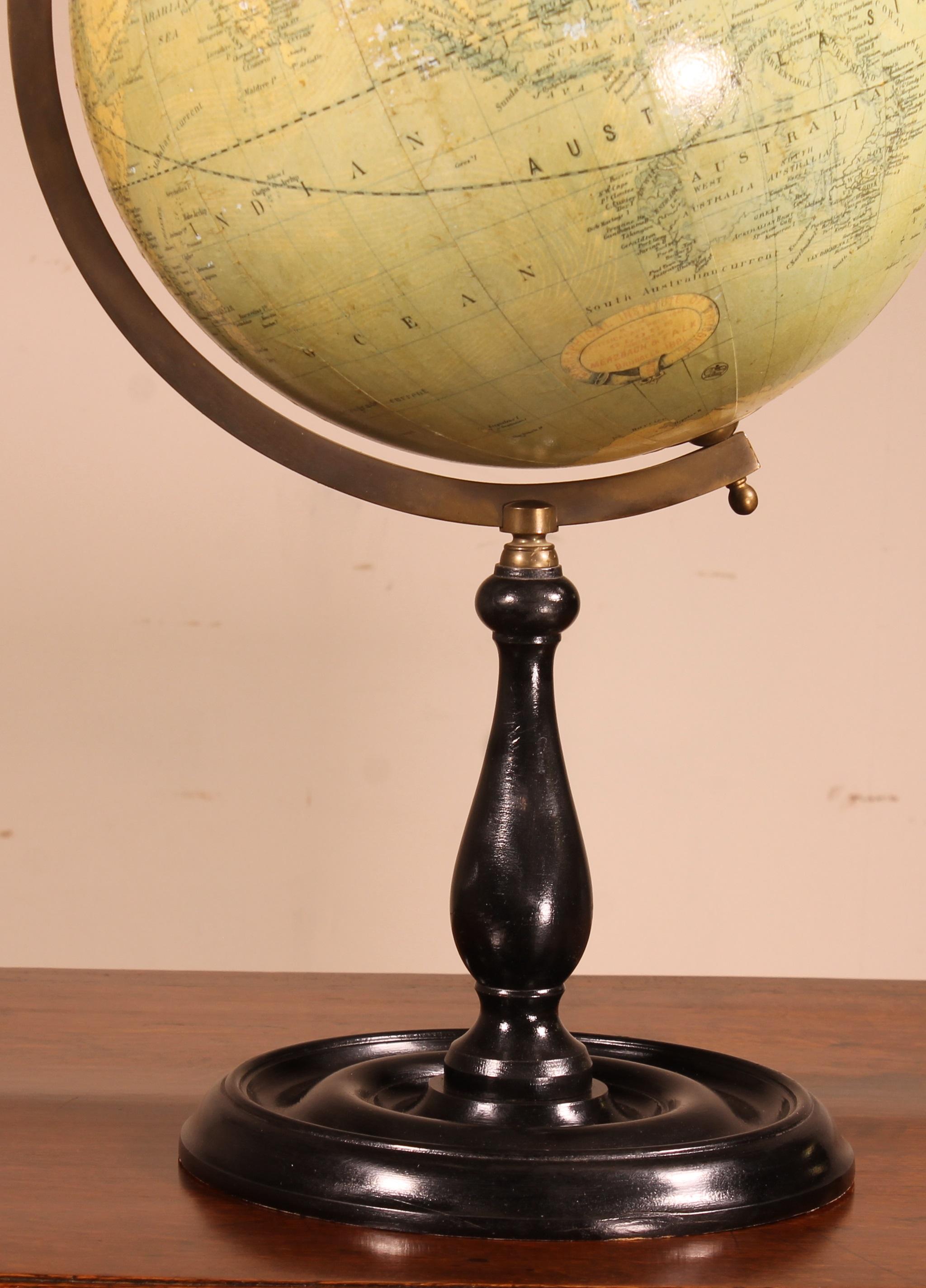 Old Belgian terrestrial globe Merzbach & Falk dated 1881 Brussels.
We also find below the globe a Greaves & Thomas London inscription
Polar mount with brass meridian
The globe is made of cardboard printed on paper.
decorative turned ebonised