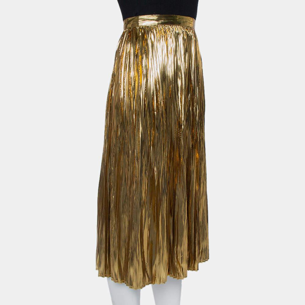 Mes Demoiselles Gold Lurex Silk Pleated Sadiola Midi Skirt S In New Condition For Sale In Dubai, Al Qouz 2