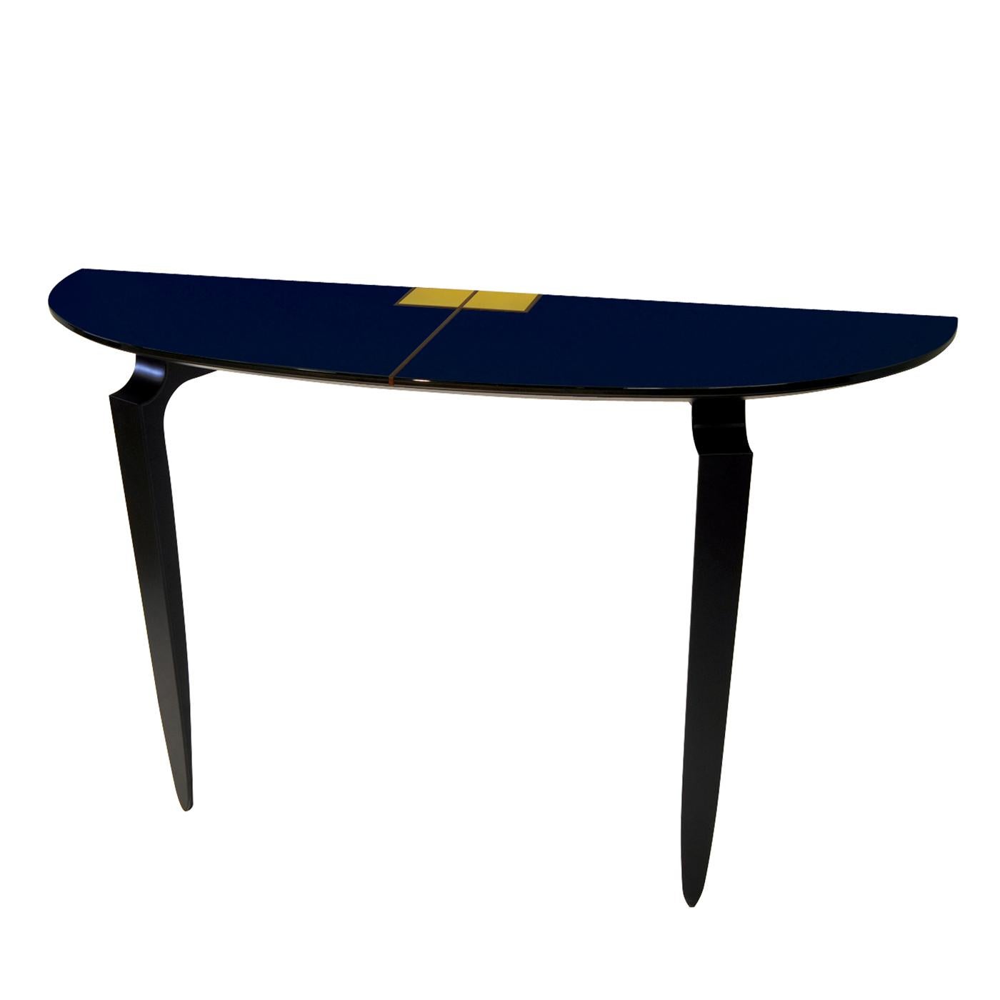 Timeless elegance and refined sophistication characterize this superb console. Boasting a demi-lune shape, the top is fashioned of wood with a shiny Navy blue polyurethane lacquer, and is enriched with an impeccable inlay in Makassar ebony. The firm