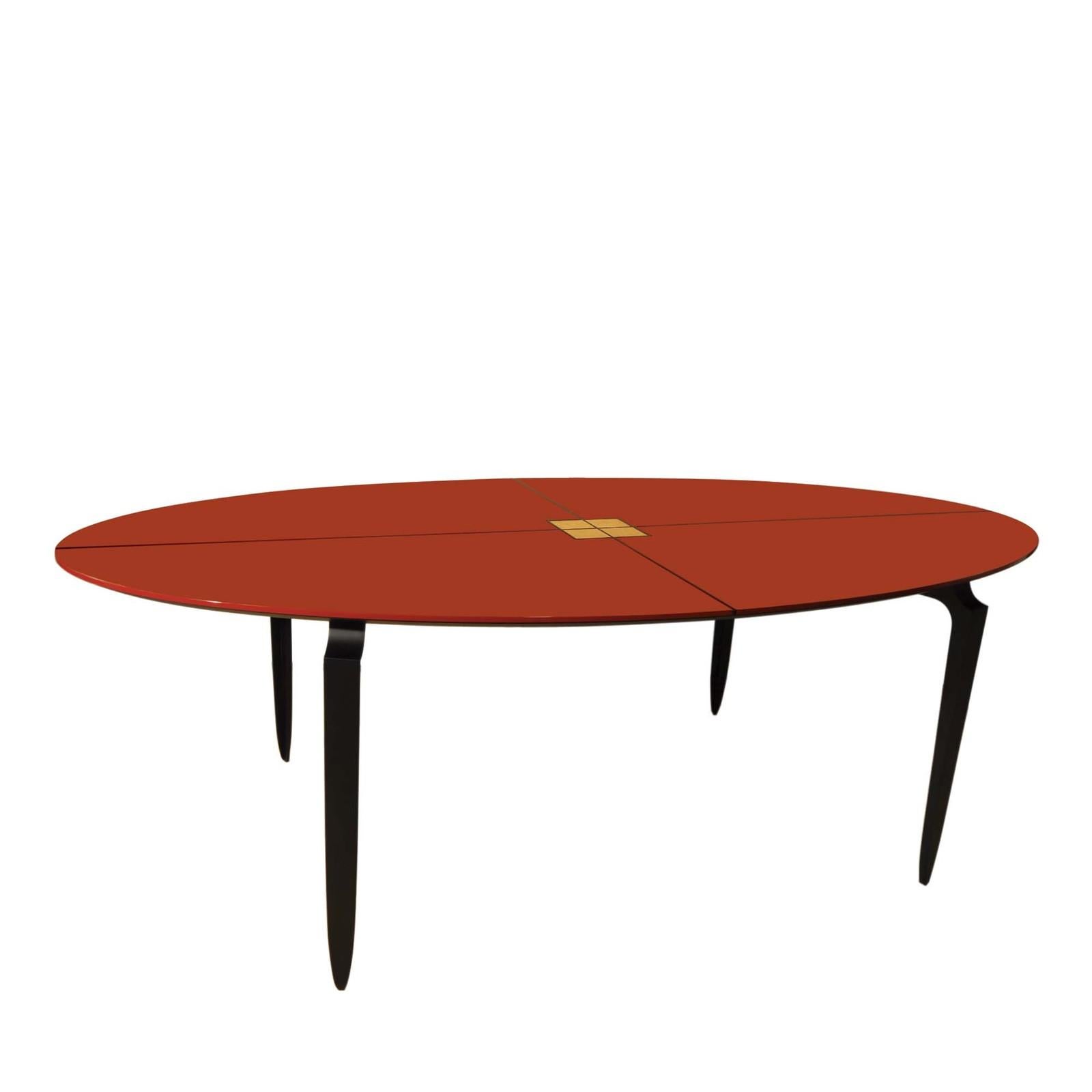 The simple and essential design of this dining table is characterized by a harmonious blend of different materials. Raised on distinctive black powder-coated metal legs, the elliptical top is lacquered in glossy red china polyurethane with a cross