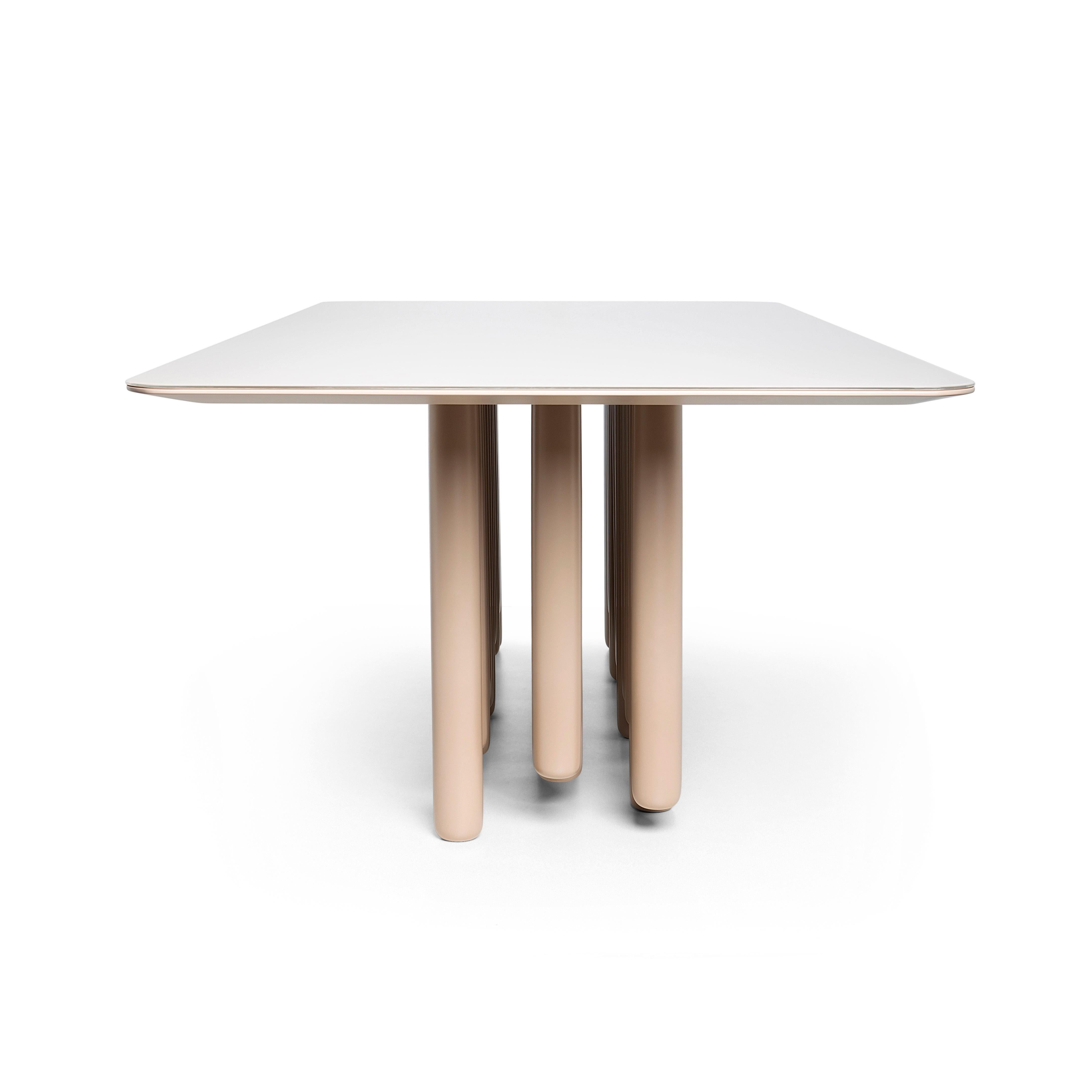Manô Dining Table.
Base made of solid wood with a satin-finished Fendi lacquer painting.
Tabletop made of wood with a satin-finished Fendi lacquer painting, complemented by a 10mm glass painted in Fendi color.

The Manô Dining Table is an artistic
