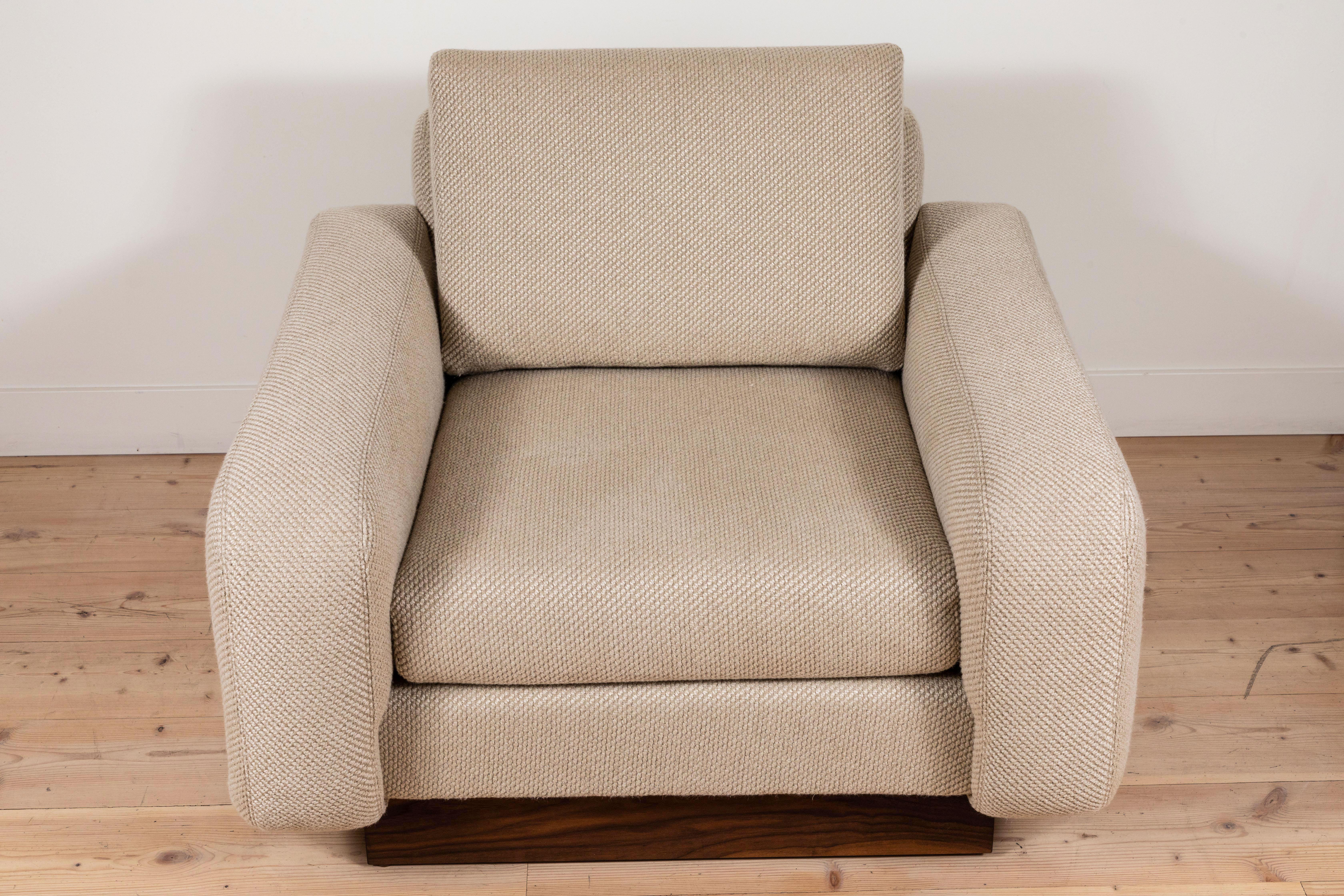 The Mesa lounge chair is a fully upholstered club chair that features a walnut or oak inset base.

Available to order in customer's own materials with a 6-8 week lead time.

As shown $2,800
To order: $1,850 + COM.
