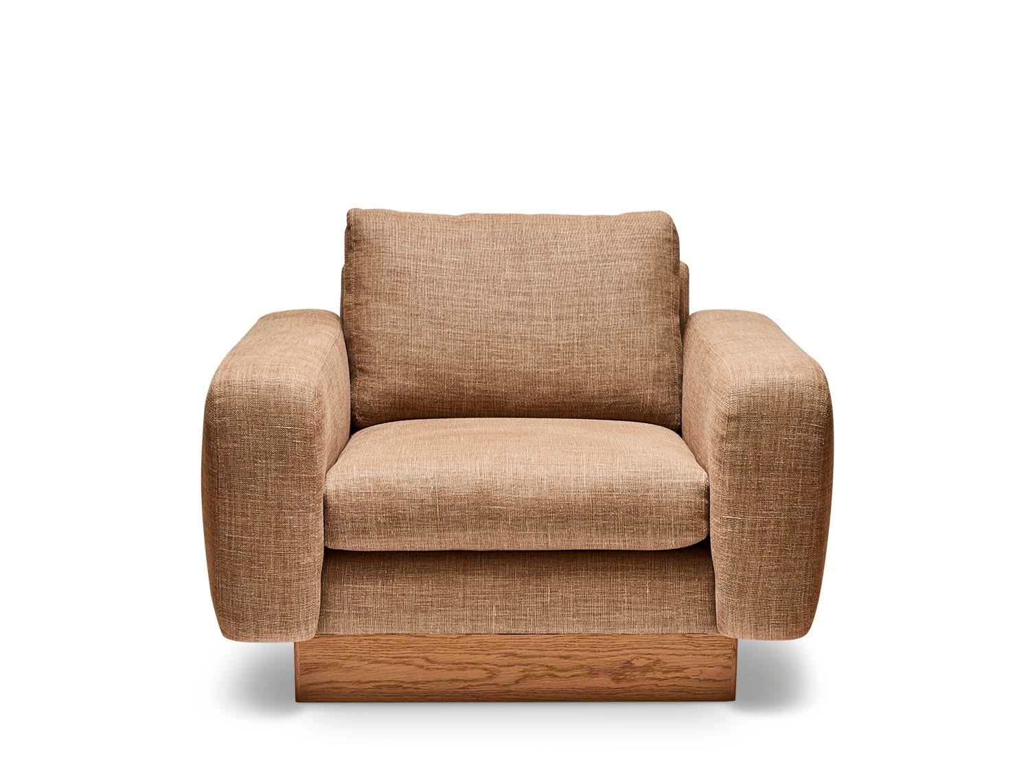 The Mesa lounge chair is a fully upholstered club chair that features a walnut or oak inset base.

The Lawson-Fenning Collection is designed and handmade in Los Angeles, California.
Message us to find out which finishes are currently in stock.