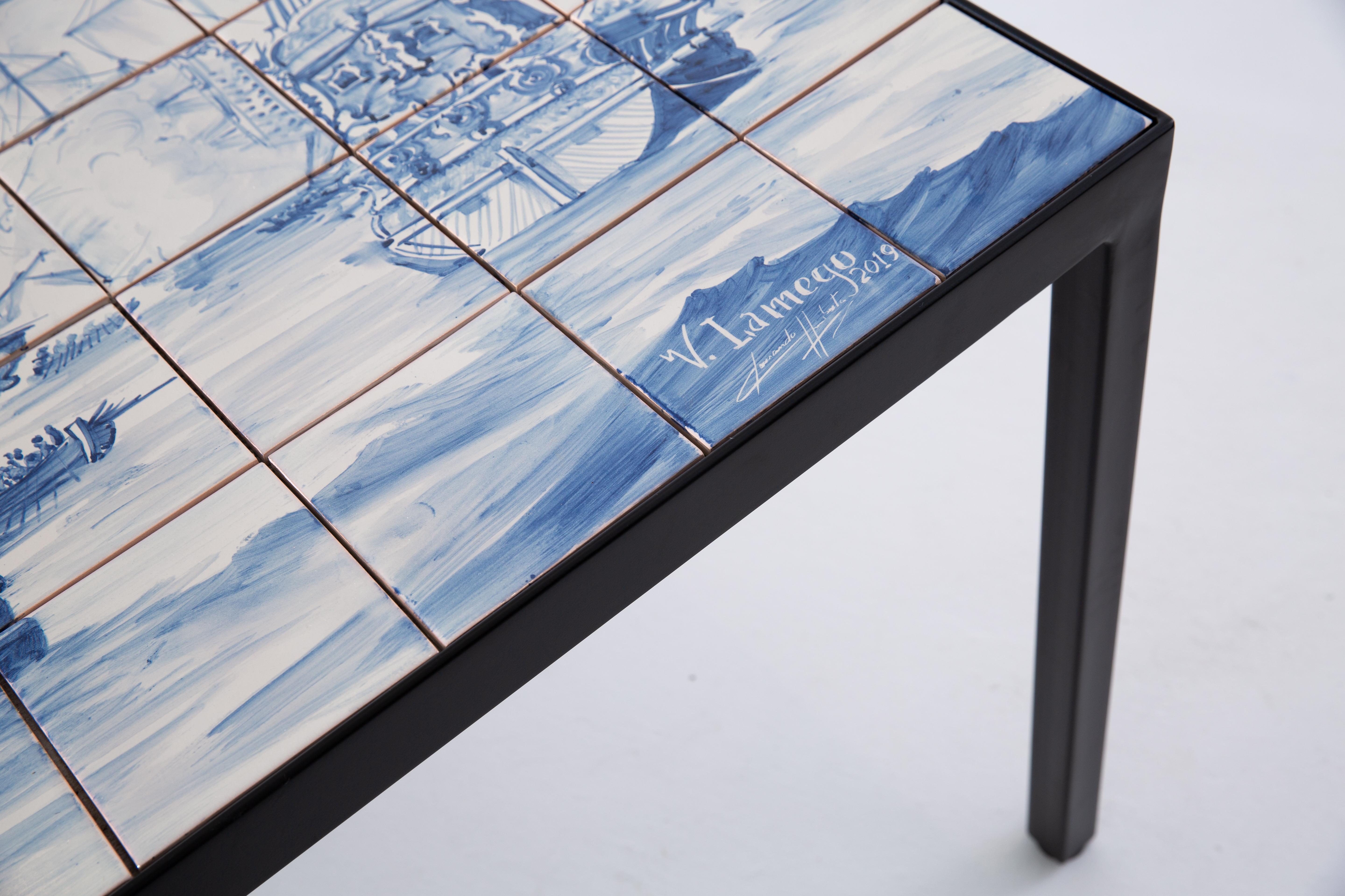 XXIe siècle et contemporain Portuguesa com Certeza Table by Marcio Kogan - Table en métal et tuiles peintes à la main en vente