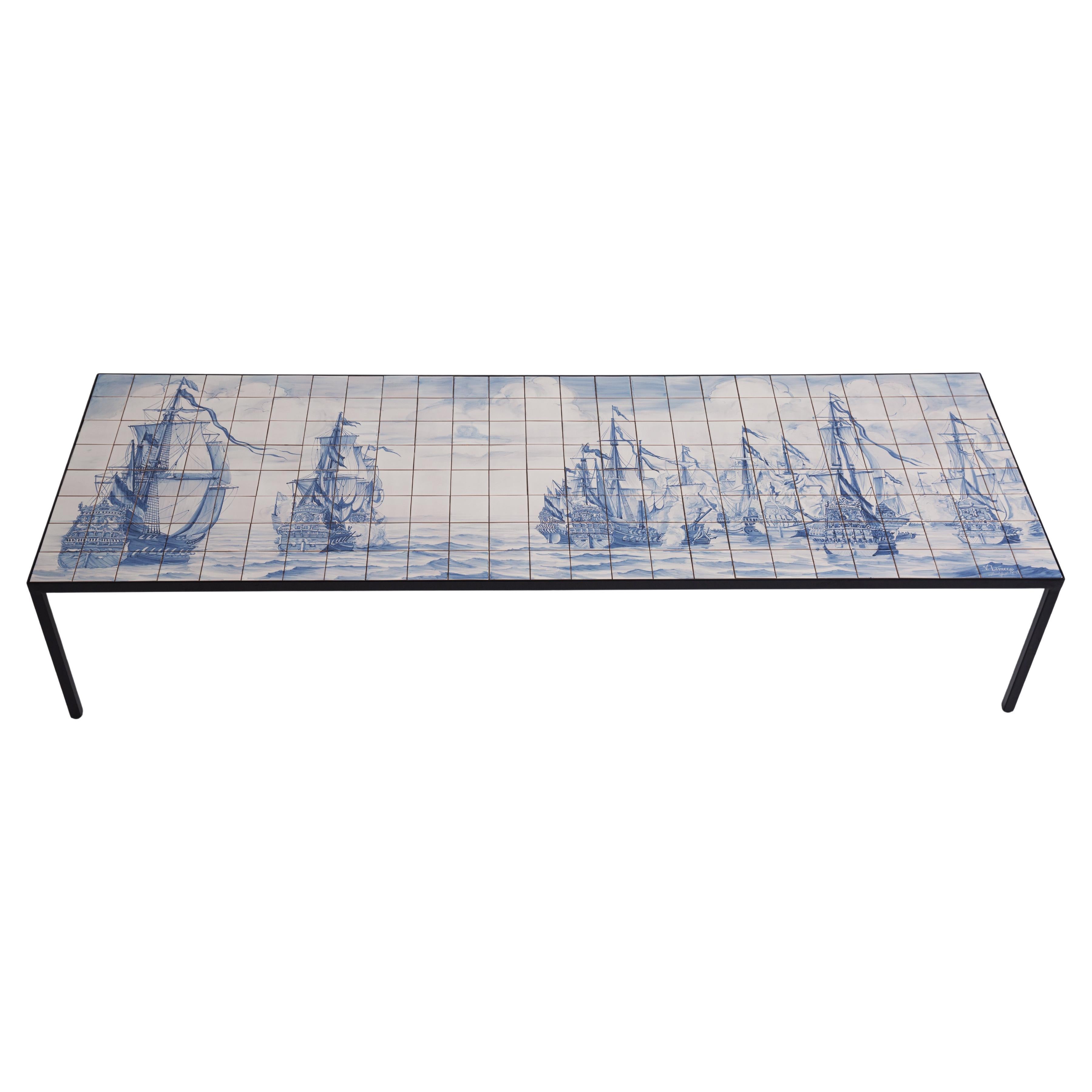 Portuguesa com Certeza Table by Marcio Kogan - Table en métal et tuiles peintes à la main en vente