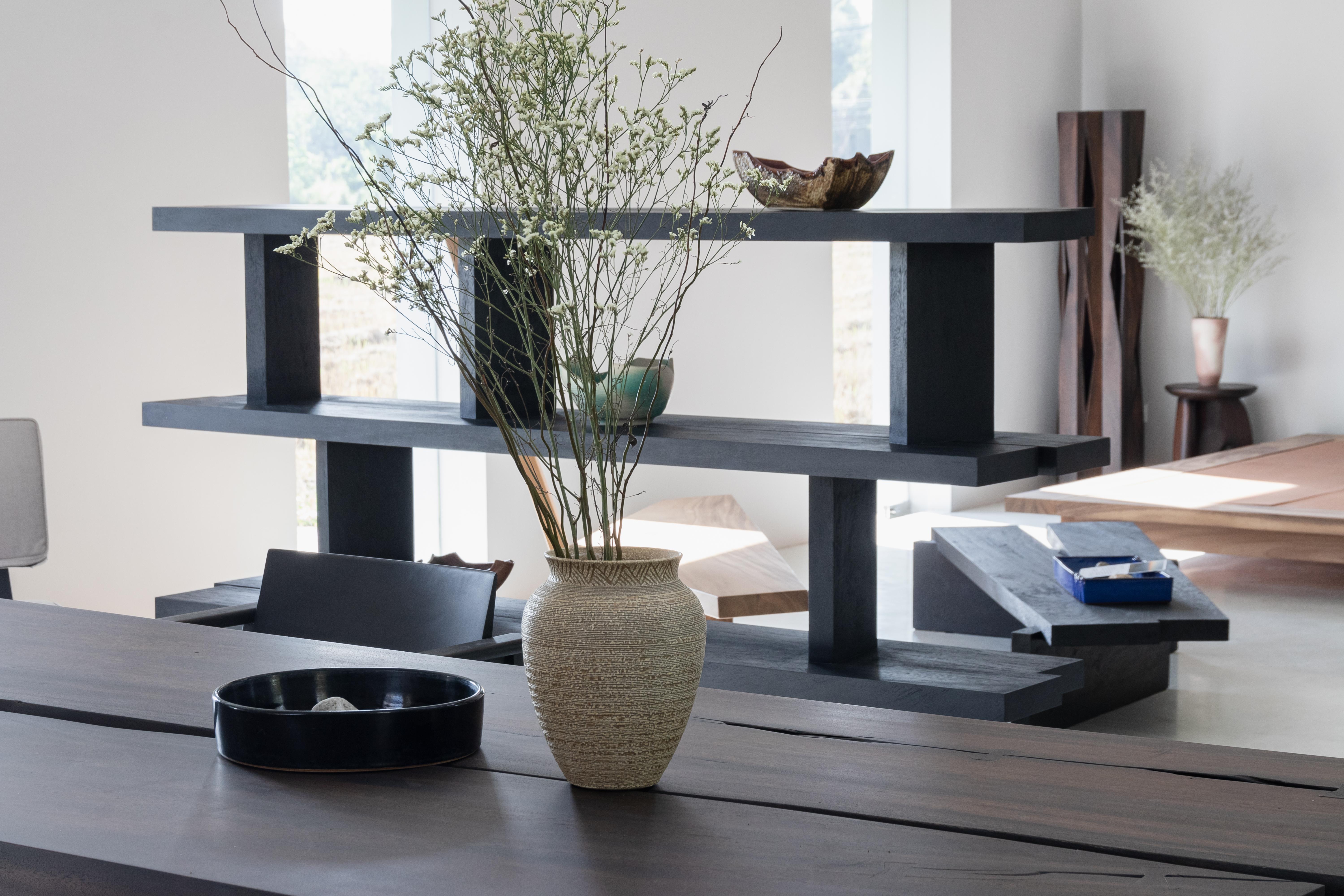 Mid-Century Modern MESA Shelf, Rough Black Monkey Pod Wood For Sale