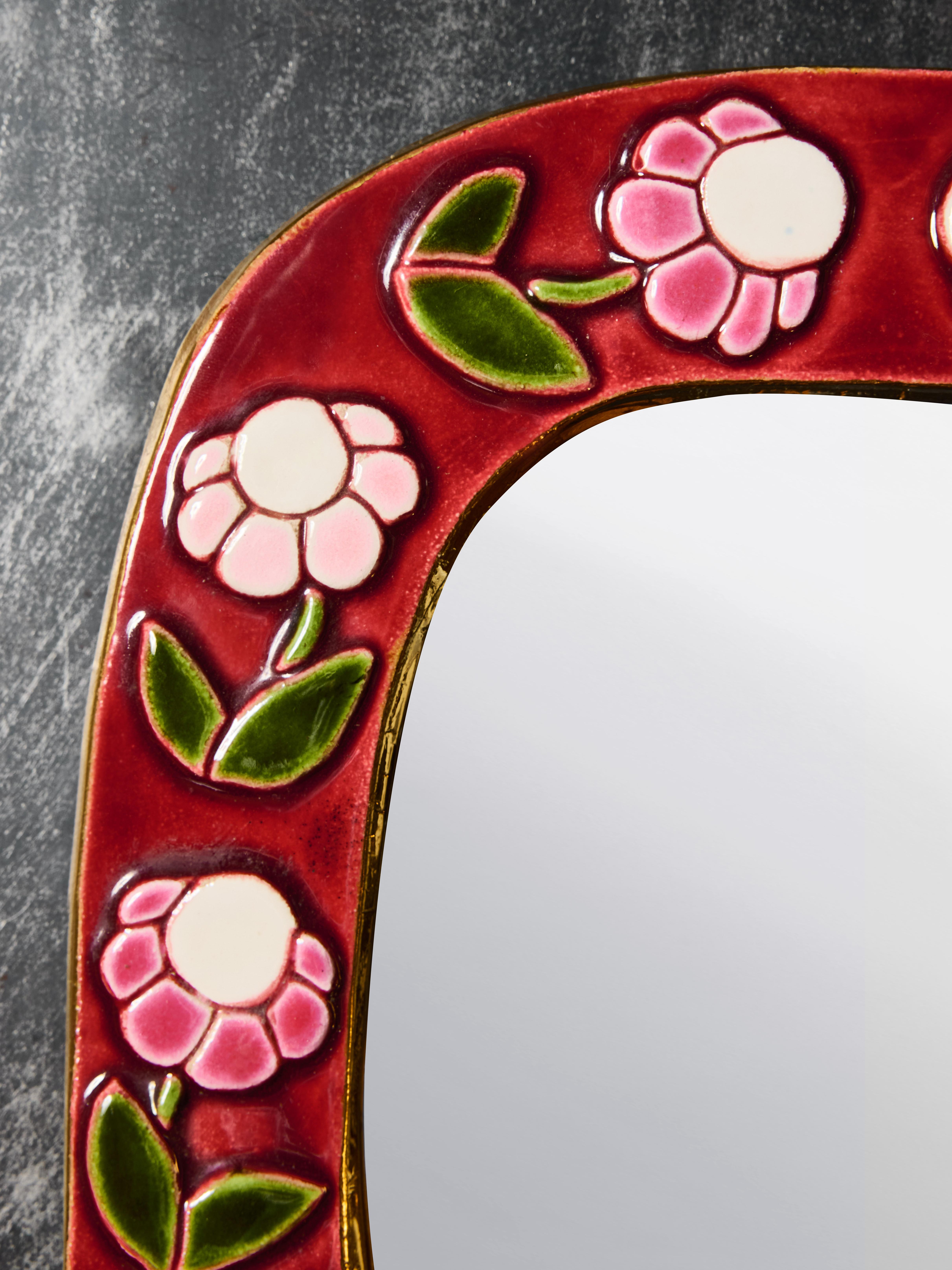 Mid-Century Modern Miroir en céramique Mithé Espelt de Mesange et Fleurs en vente