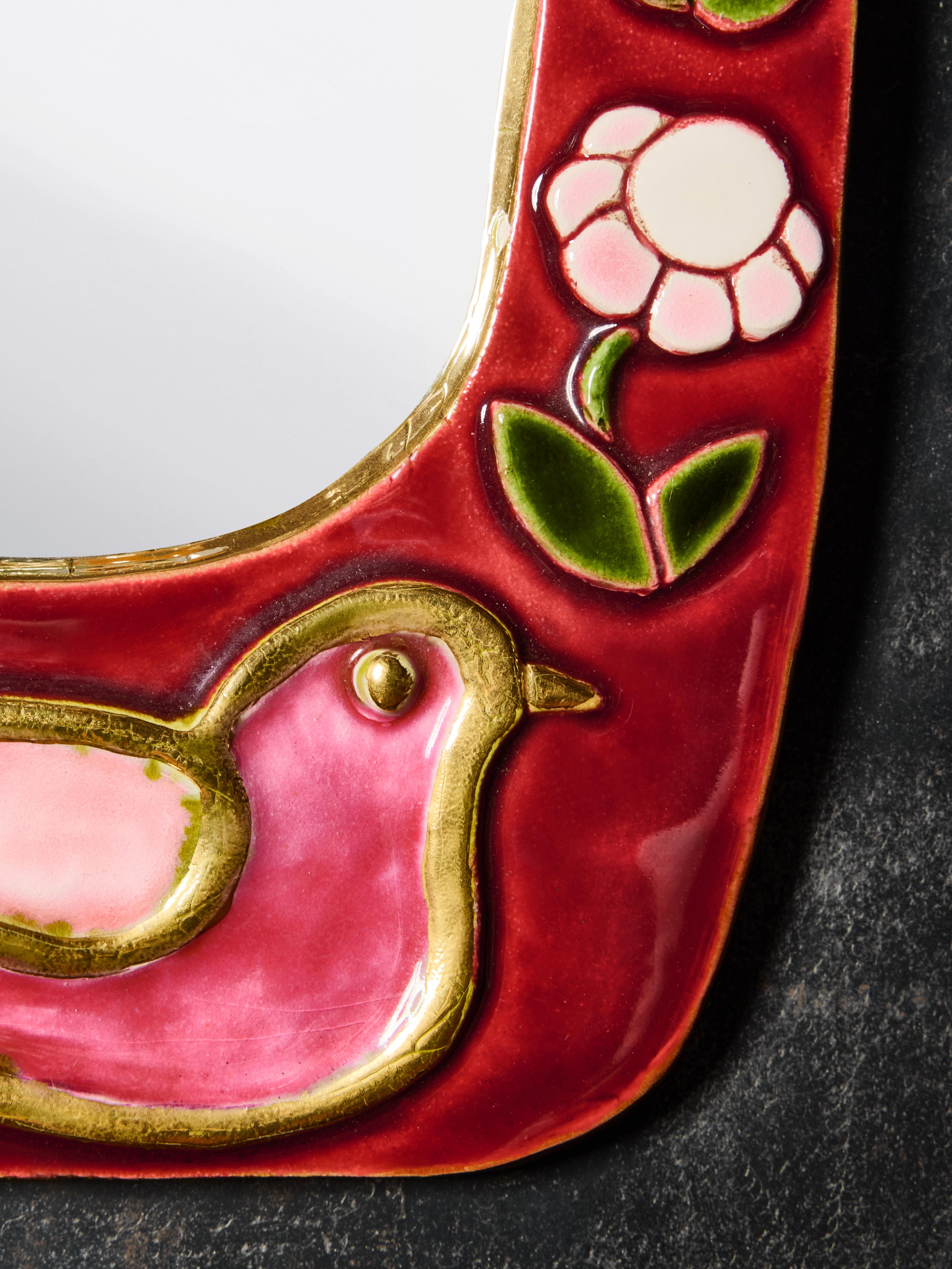 Français Miroir en céramique Mithé Espelt de Mesange et Fleurs en vente