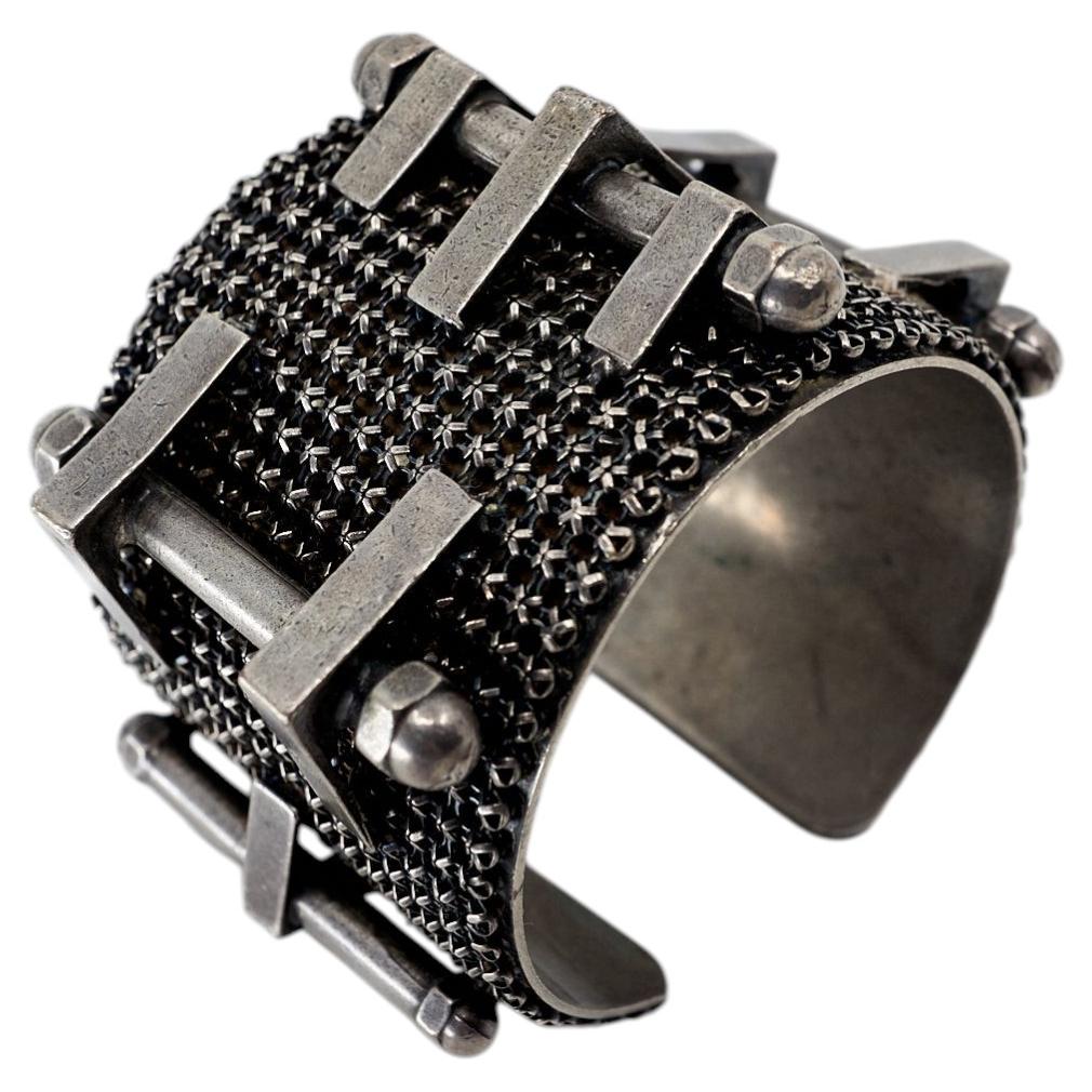 Brutalist Cuff Sculptural Bracelet Antique Silver Plated Mesh Studs Vintage