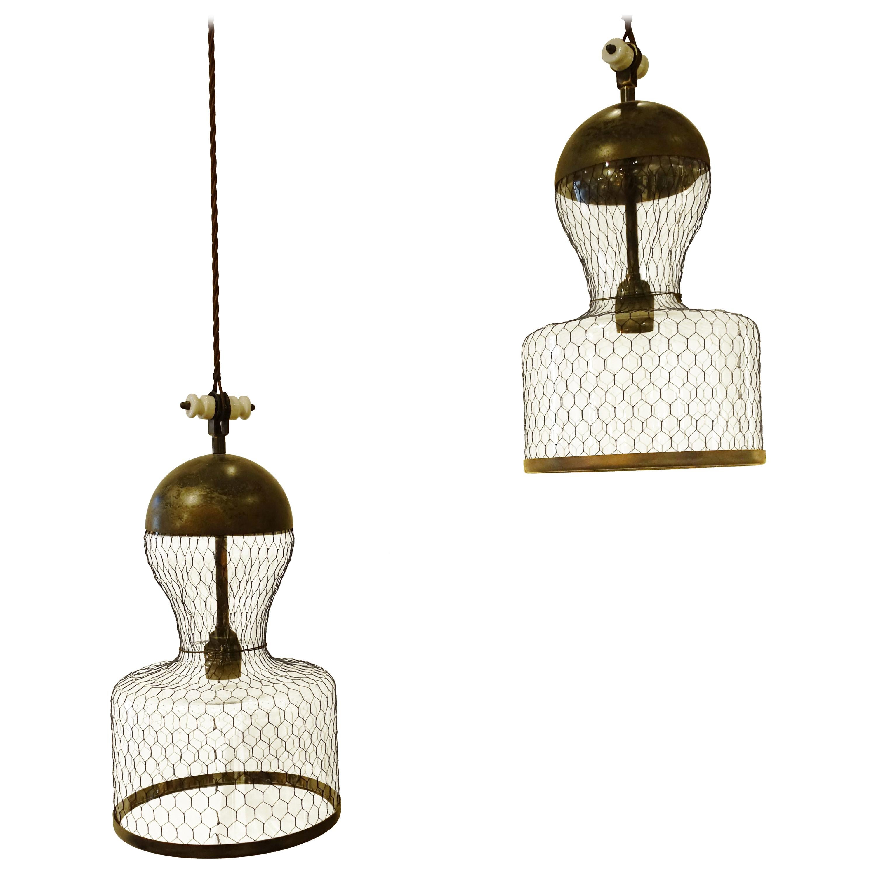 Mesh Covered Pair of Pendant Light Fixtures, Italy, Contemporary