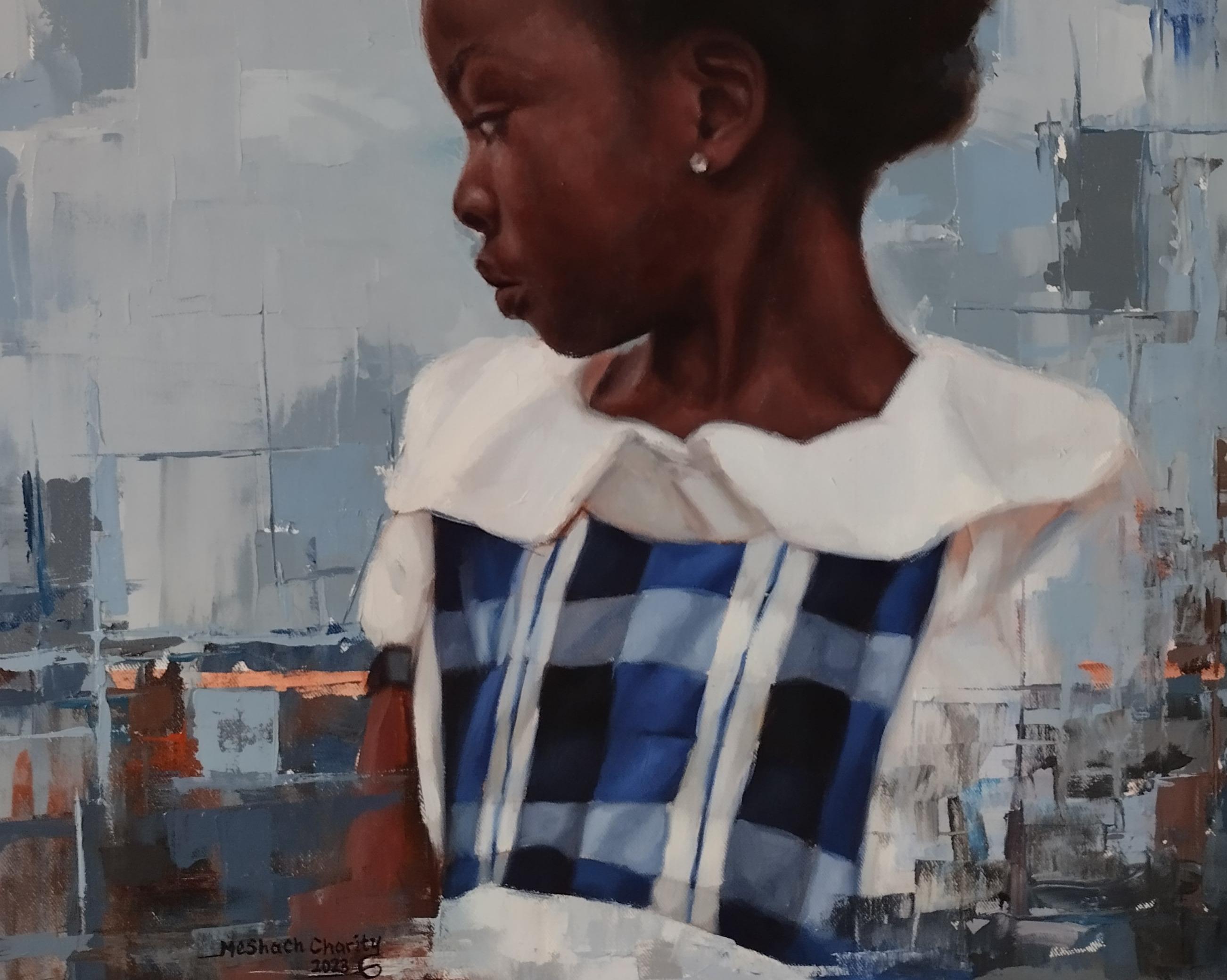 Echoes of Grace - 21° secolo, Contemporaneo, Figurativo, Uniforme da scolaretta - Portrait Painting Grigio di Meshach Charity