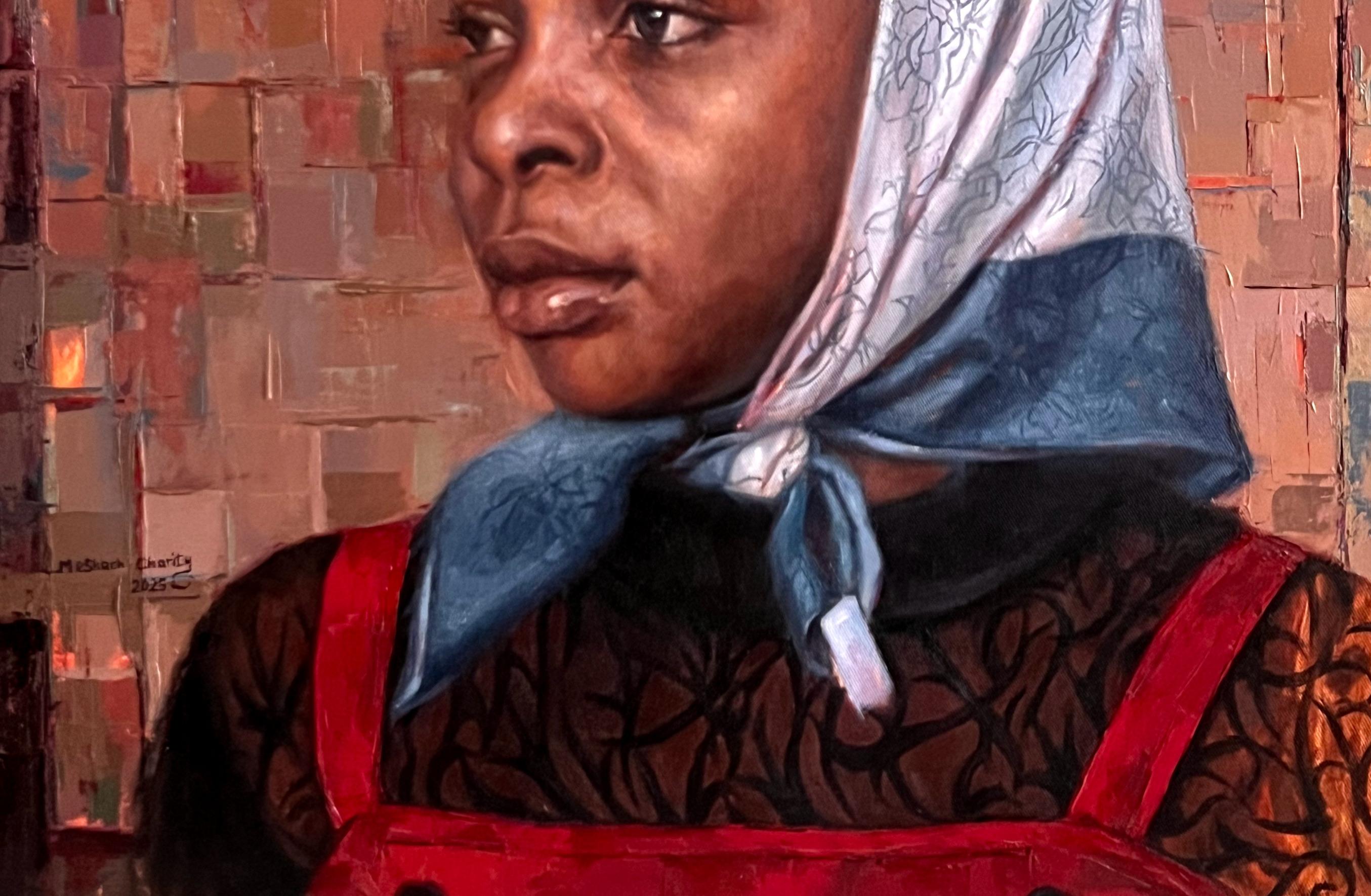 Veiled Contemplation - 21st Century, Contemporary, Figurative Portrait, Women - Brown Portrait Painting by Meshach Charity