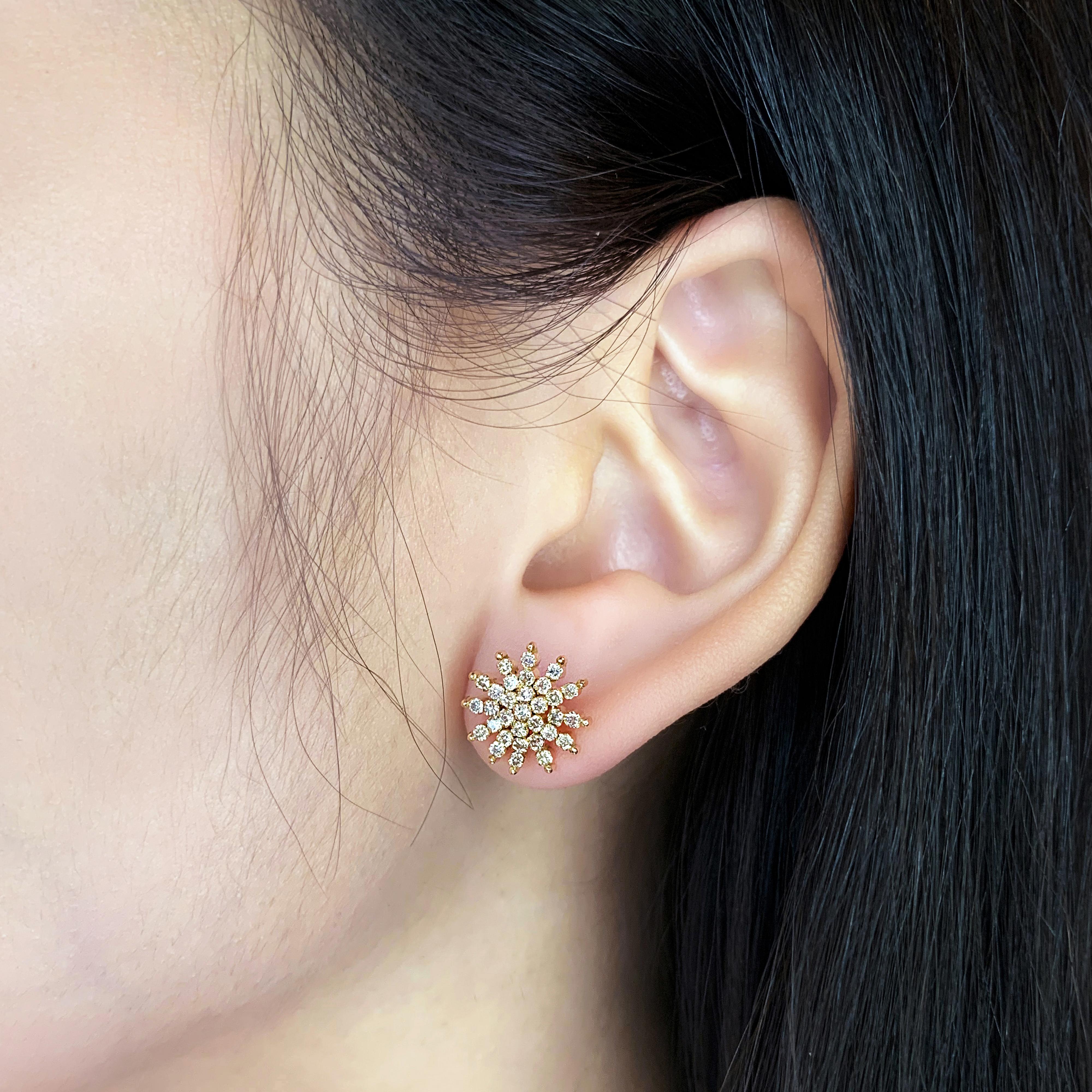 Shine with these brilliant 14K Yellow Gold earrings, featuring 62 round brilliant natural diamonds with a total carat weight of 0.62ct. Each diamond boasts an I color grade and SI clarity, ensuring an exceptional sparkle. Weighing a total of 3.7g,
