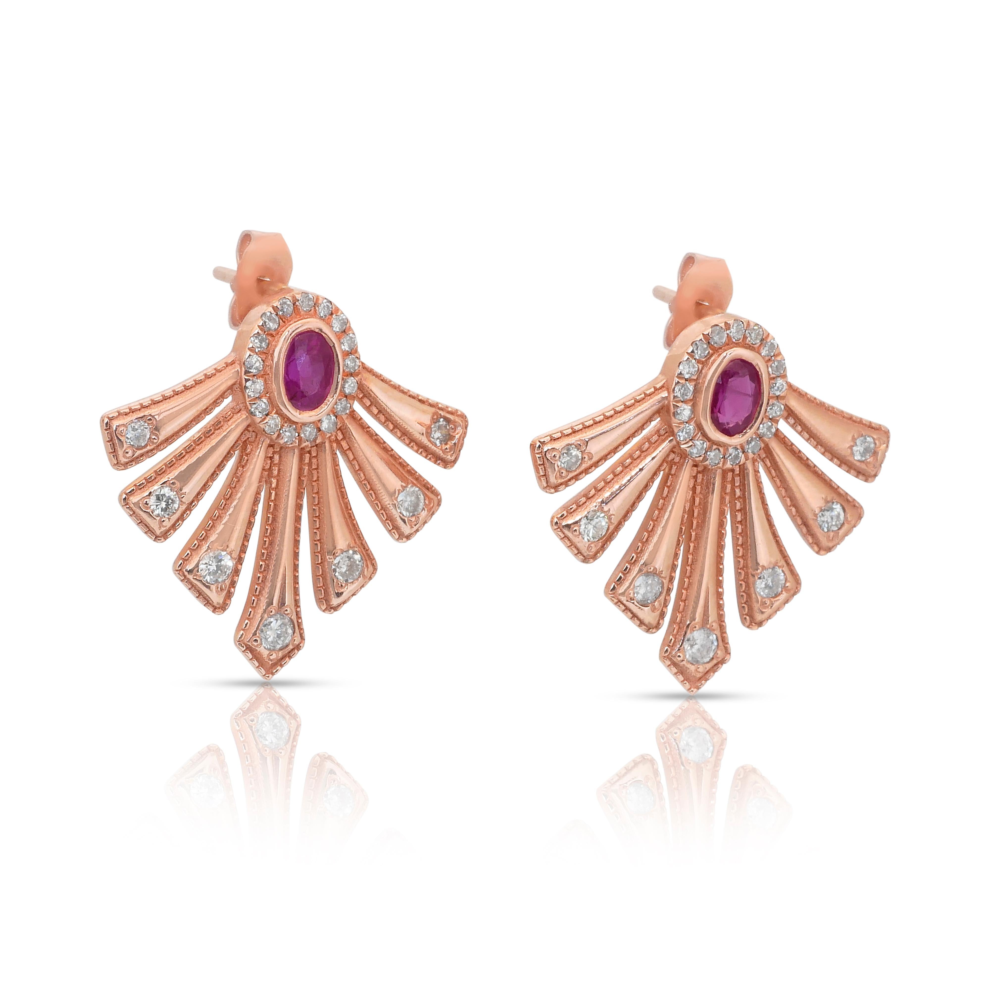 Faszinierende 0,86ct Rubine und Diamanten Ohrringe in 14k Rose Gold - IGI zertifiziert (Ovalschliff) im Angebot