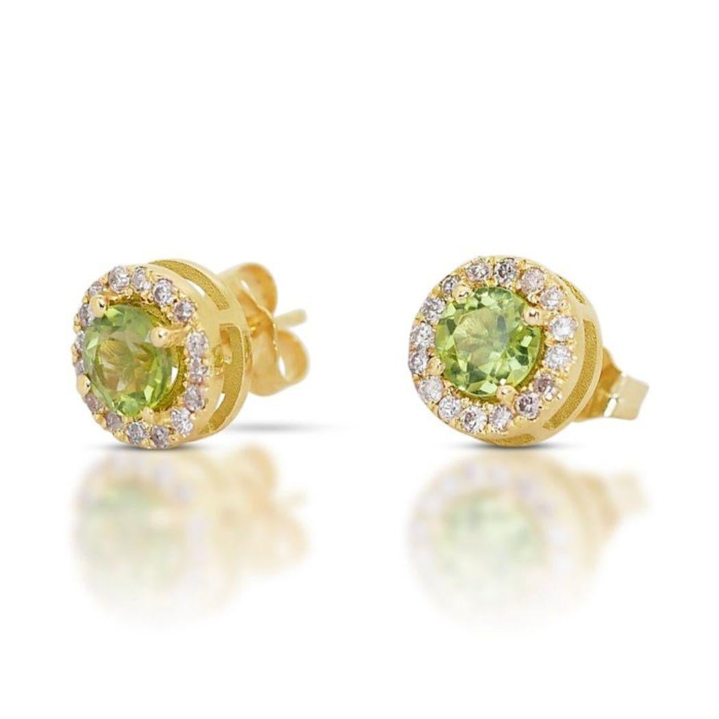 Embrace the refreshing beauty of nature with these captivating earrings, featuring mesmerizing 1.07 carat round natural peridots as their centerpieces. The enchanting green hue of the peridots radiates a verdant glow, reminiscent of lush landscapes