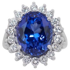 Mesmerizing 11.78ct Tanzanite and Diamonds Halo Cluster Ring in 14k White Gold