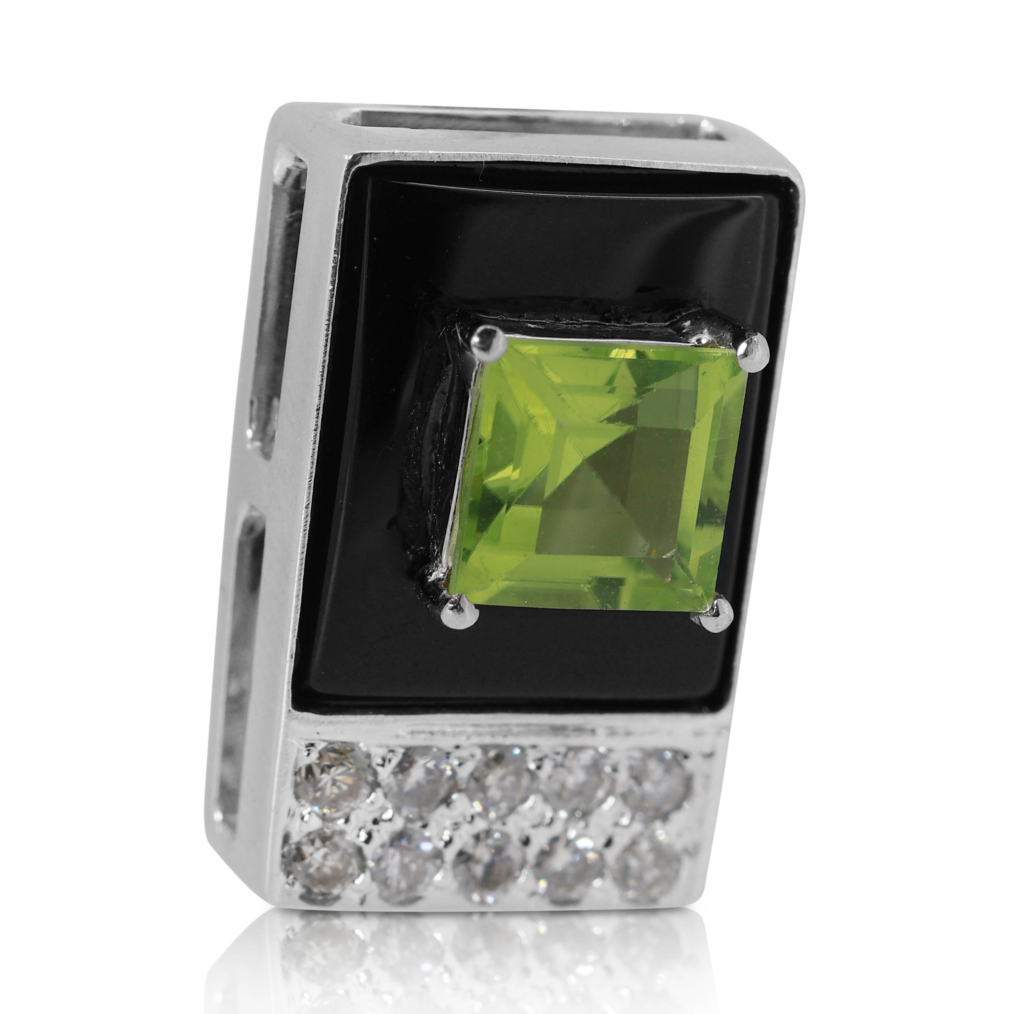 Mesmerizing 1,35 Karat Peridot und Diamant-Anhänger mit Onyx aus 18 Karat Weißgold (Carréschliff) im Angebot