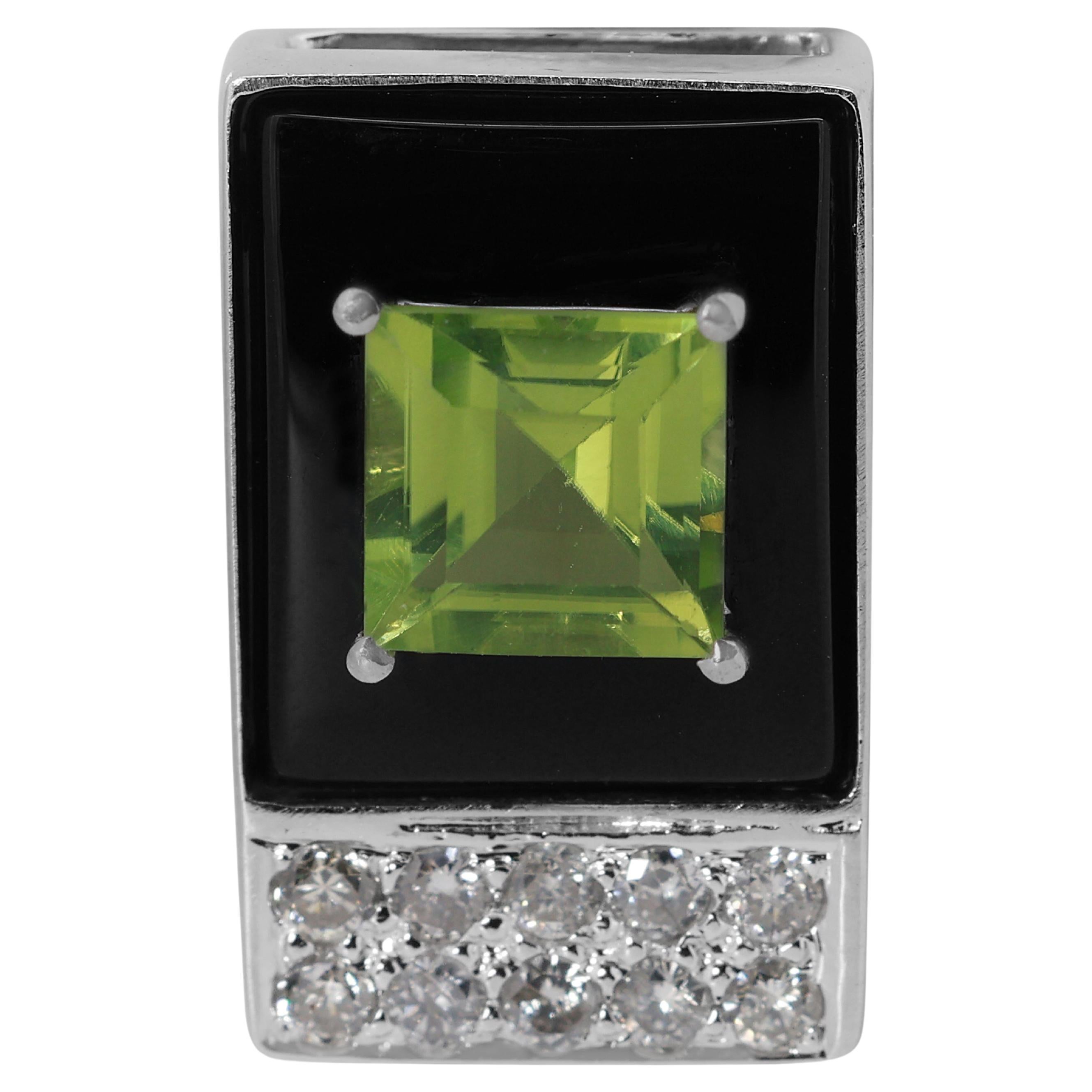 Mesmerizing 1.35ct Peridot and Diamond Pendant with Onyx in 18K White Gold