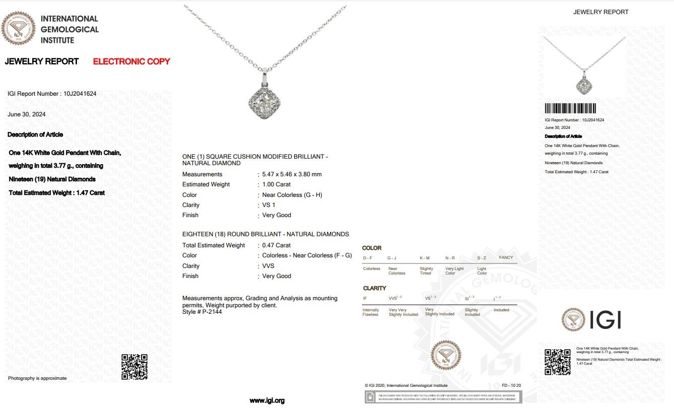 Mesmerizing 1.47ct Diamonds Halo Necklace with Pendant in 14k White Gold - IGI 1