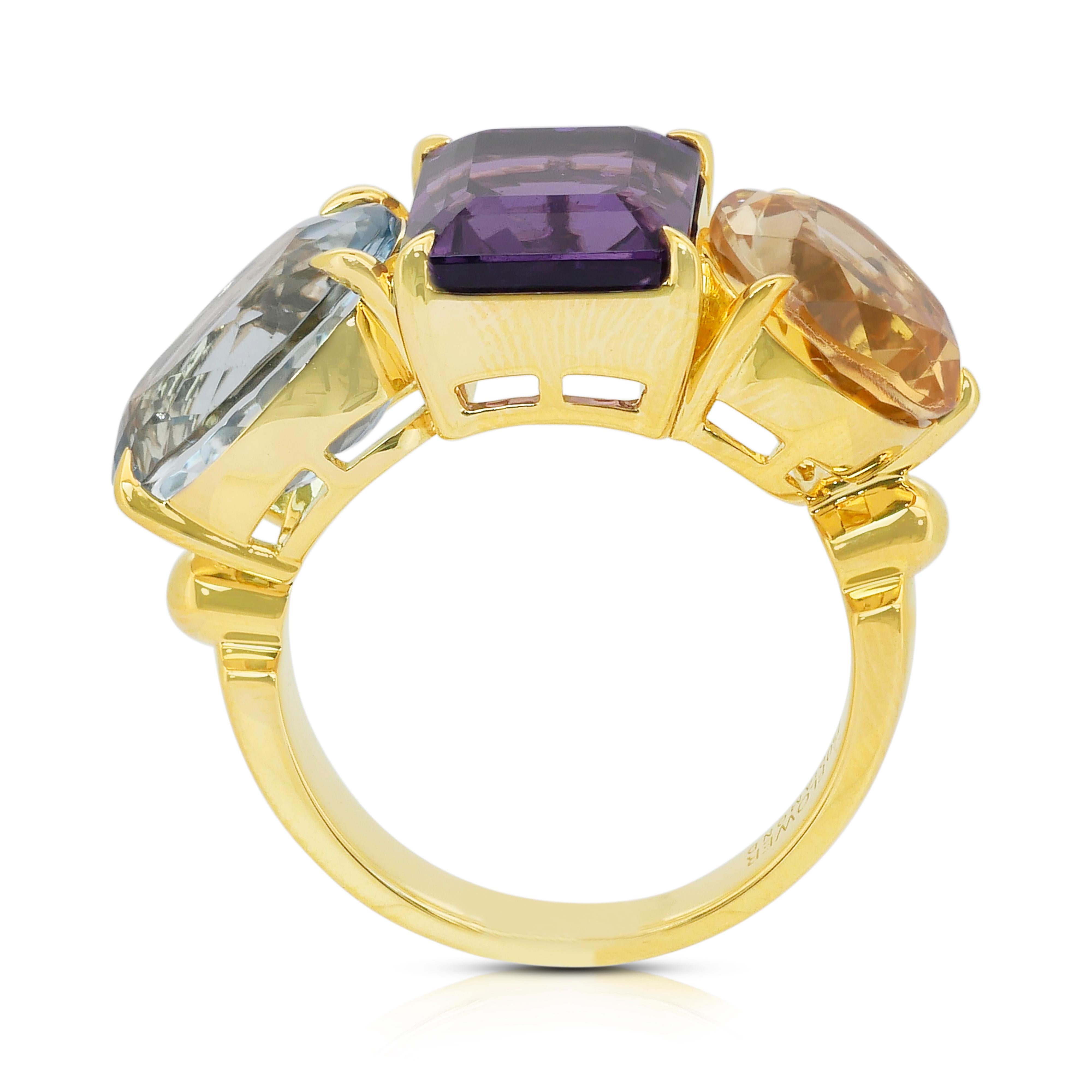 Mesmerizzante anello a tre pietre con ametista, topazio e citrino da 17,50 carati in oro giallo 18 carati in vendita 4