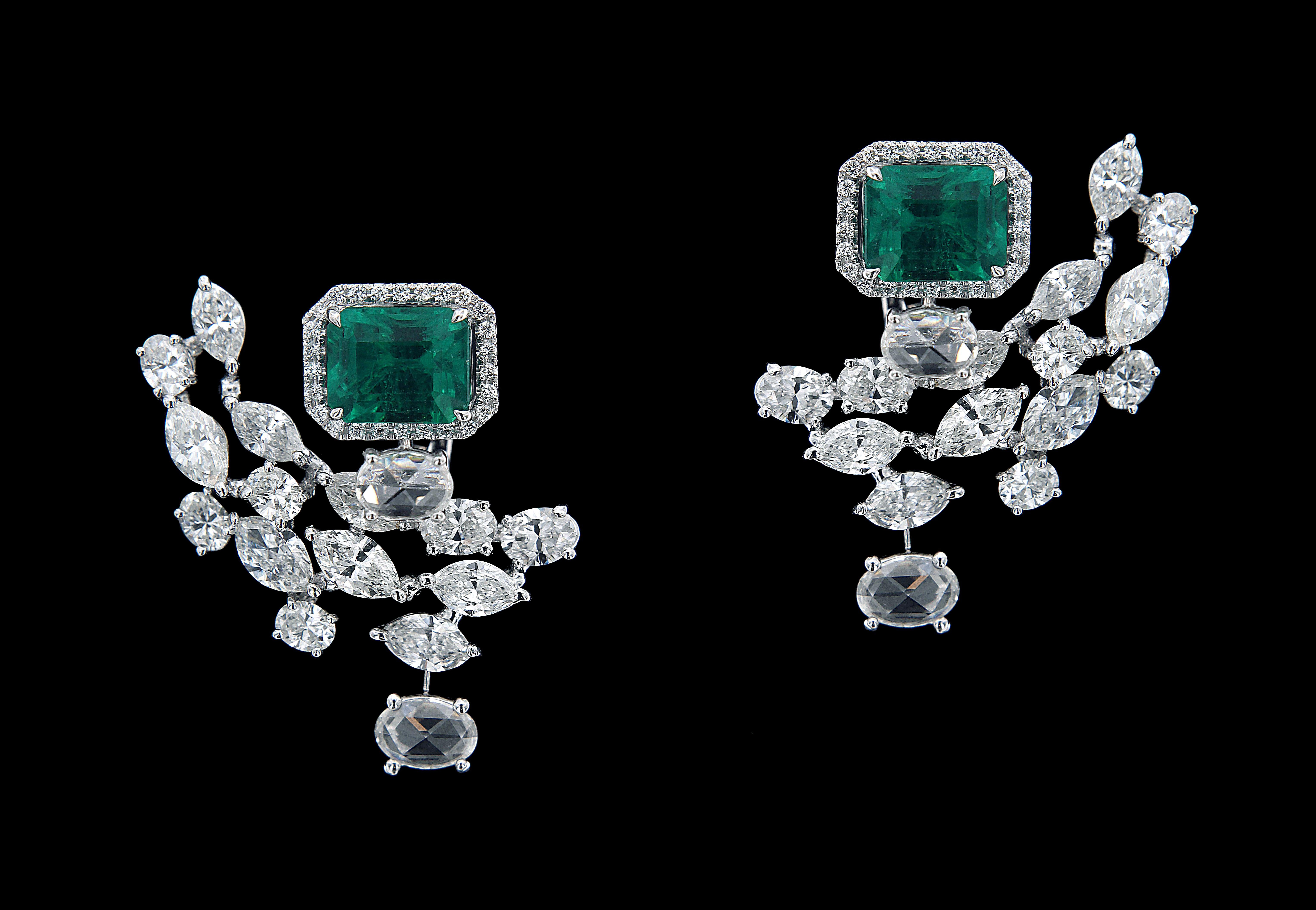 Emerald Cut Mesmerizing 18 Karat White Gold, Diamond and Emerald Earrings For Sale